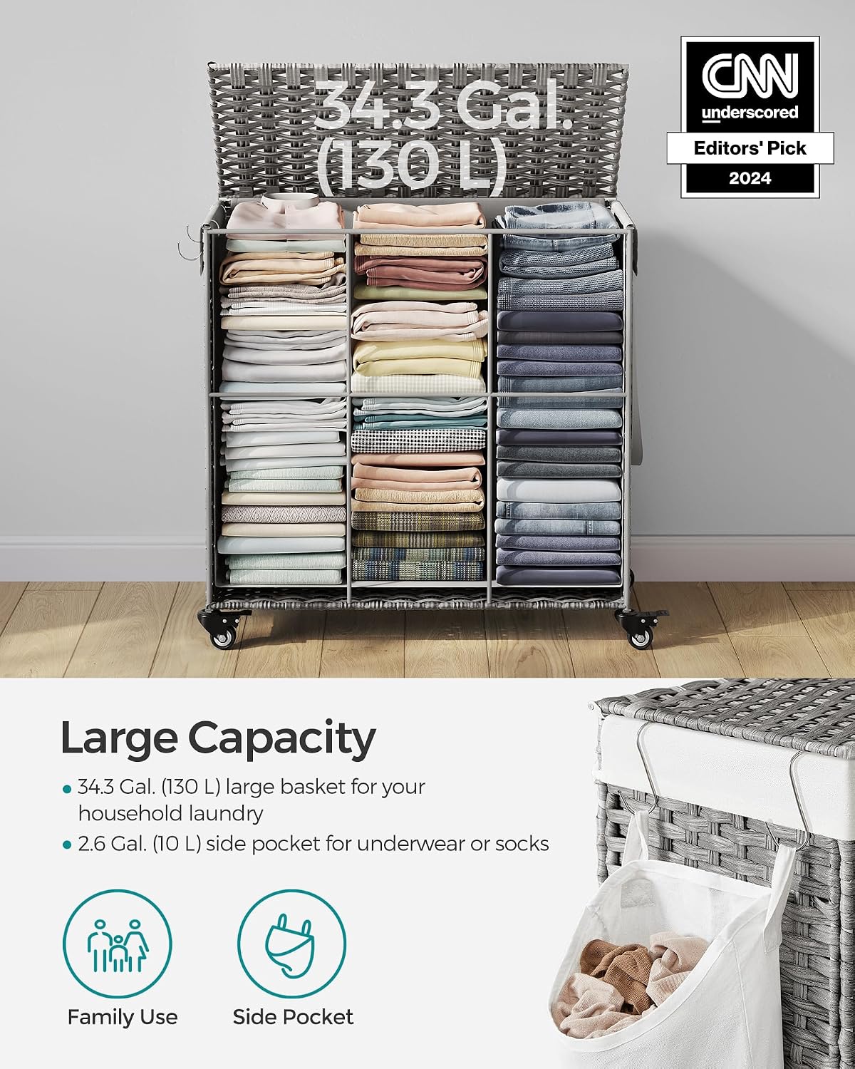 Rolling Laundry Basket / 140 L / Gray