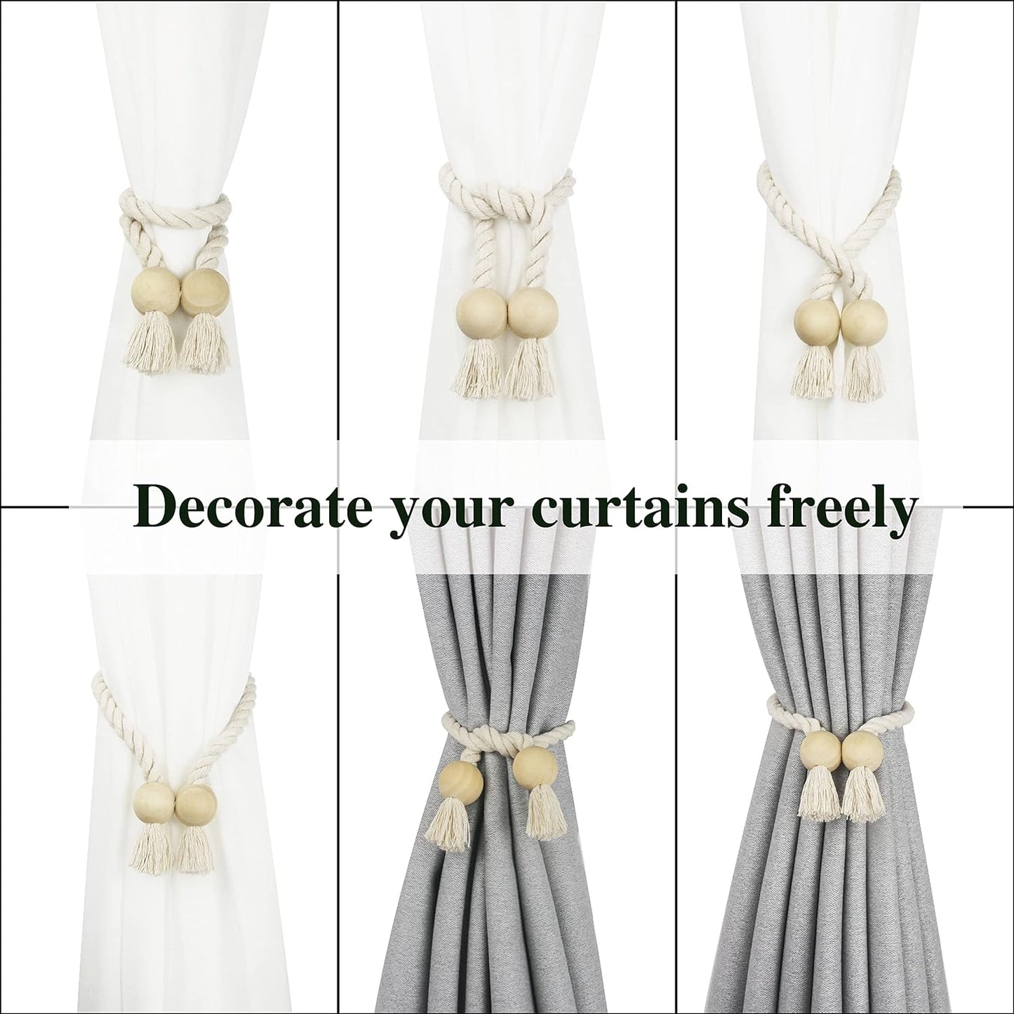 6 Pack Magnetic Curtain Tiebacks Cotton Hand Woven Tie Back Decorative Rope Holdbacks for Curtains Draperies No Tools