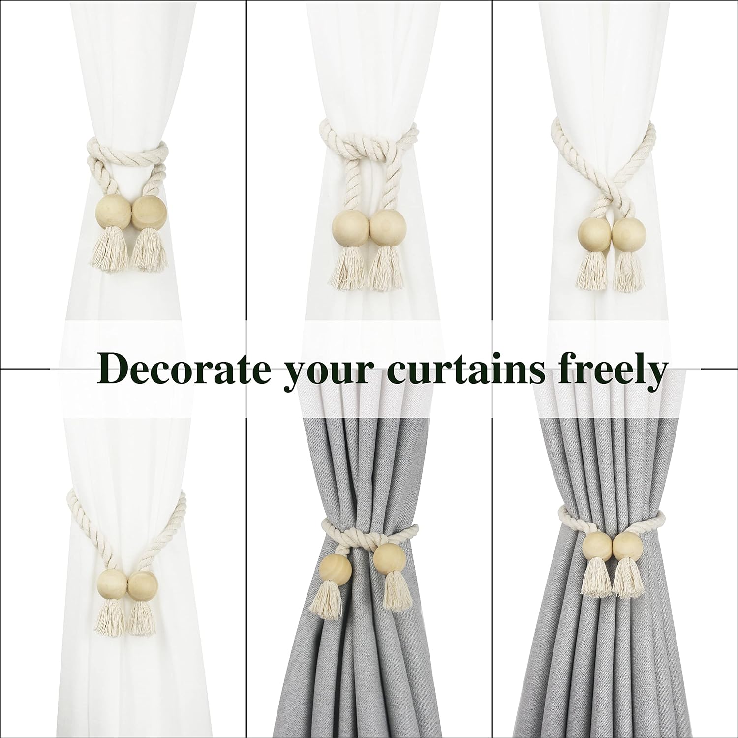 6 Pack Magnetic Curtain Tiebacks Cotton Hand Woven Tie Back Decorative Rope Holdbacks for Curtains Draperies No Tools