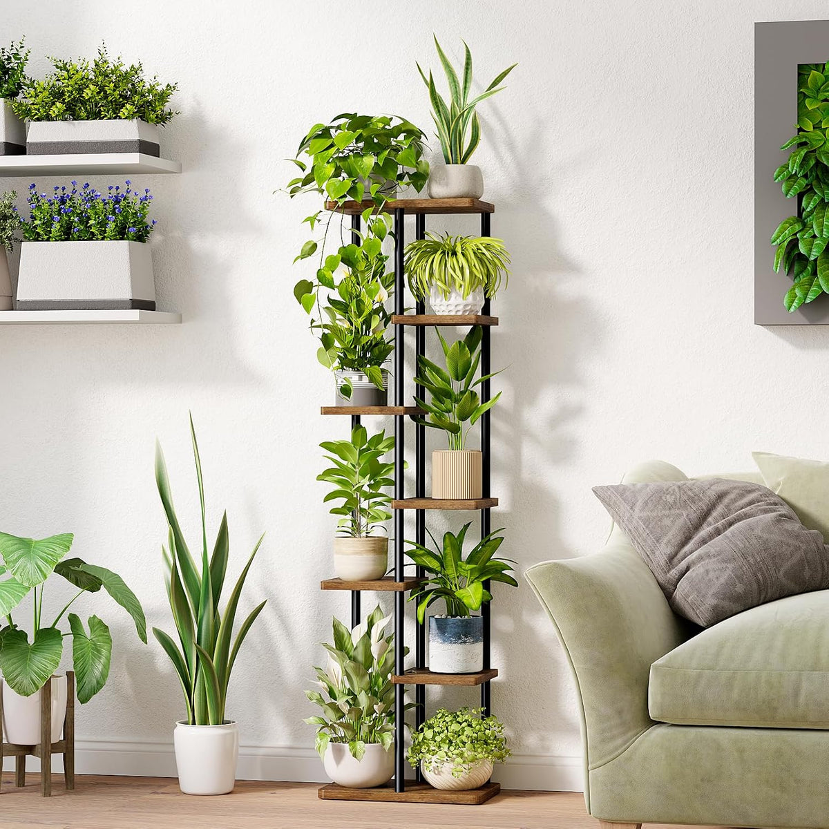 Bamworld Plant Stand 7 Tier Tall Shelf for Multiple Plants Brown | Tiered indoor shelf creates vertical display space