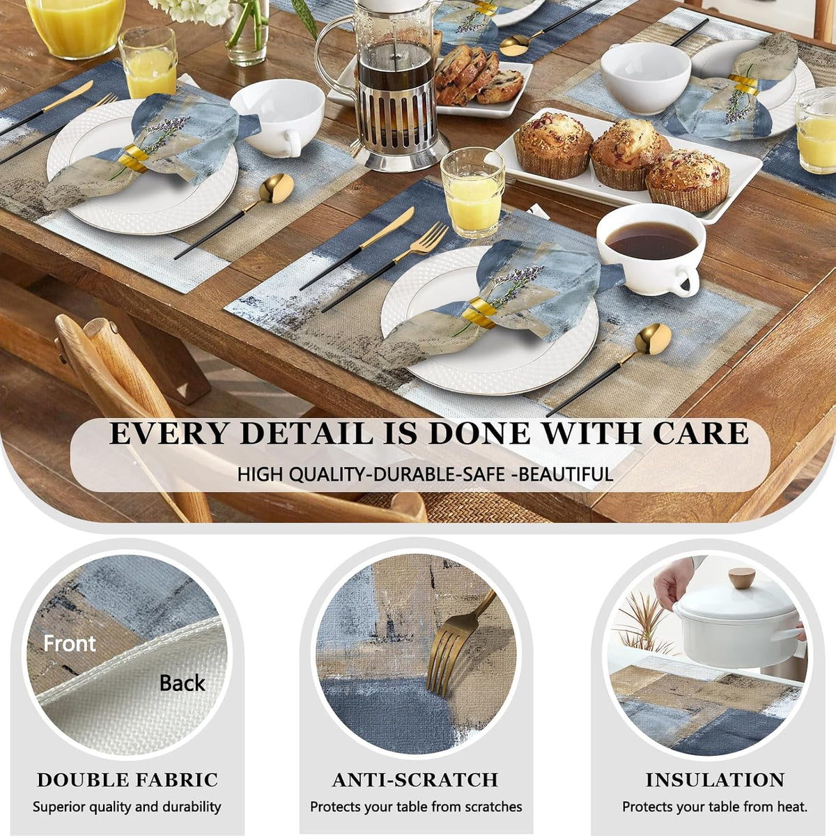 Mcalk 4 Each Brown Placemats and Cloth Napkins Set of 8, Modern Art Placemat, Abstract Dark Grey Cloth Napkin for Home