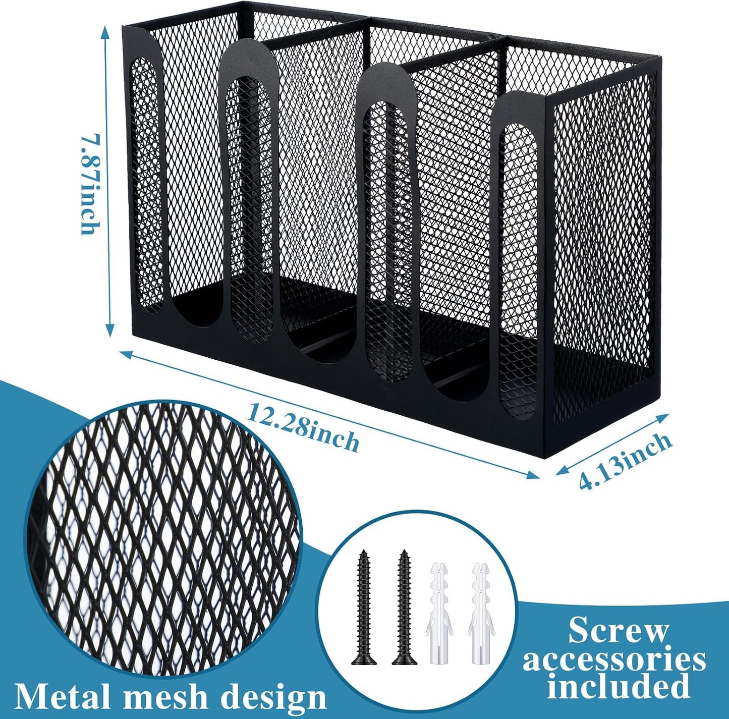 Metal Mesh Cup Lid Holder, 3 Compartments, 12.3 x 4.1 x 7.87 Inch | Metal Mesh Dispenser for Coffee Bar Breakroom, Wall