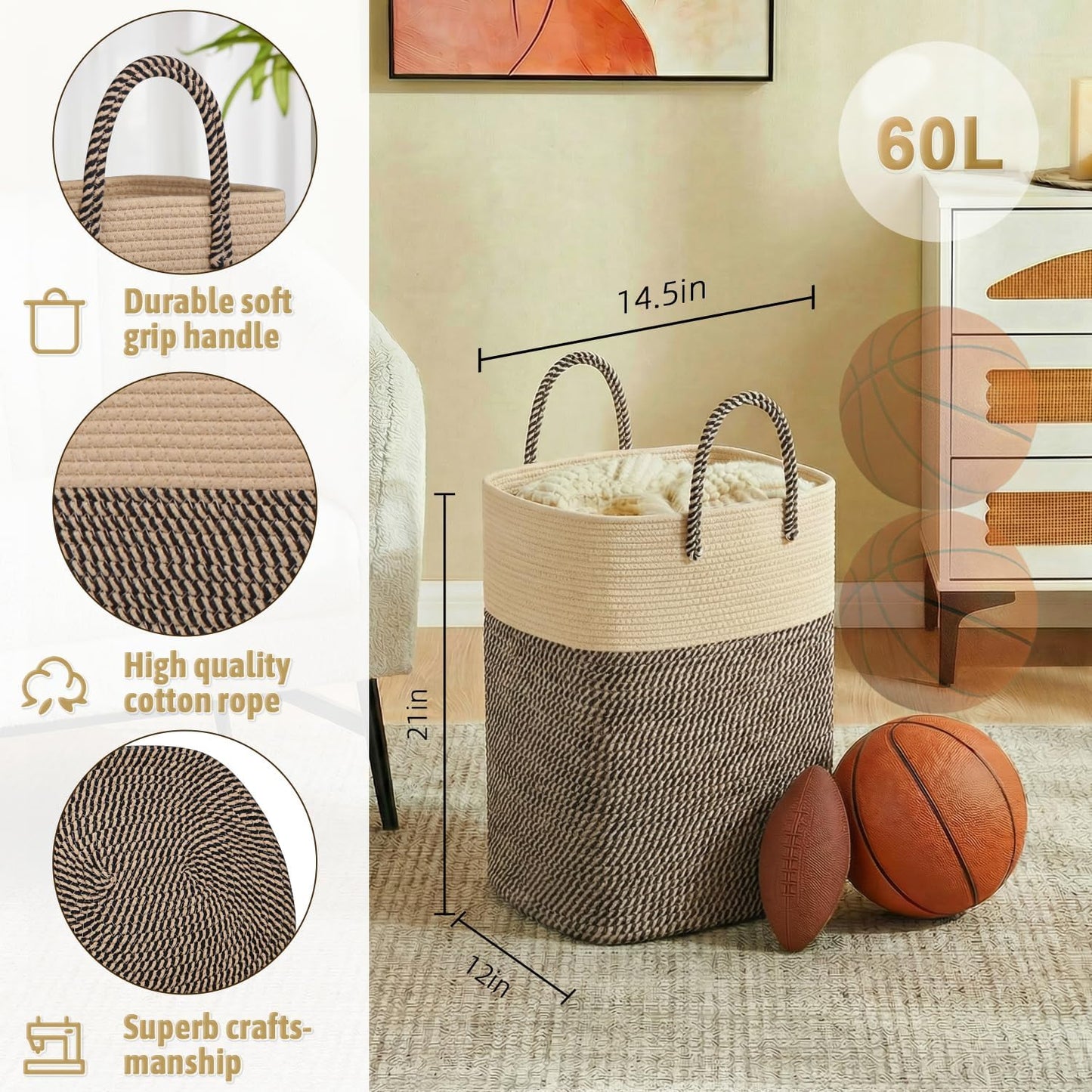 Laundry Basket / Woven Cotton Rope Laundry Hamper / 60L / Jute