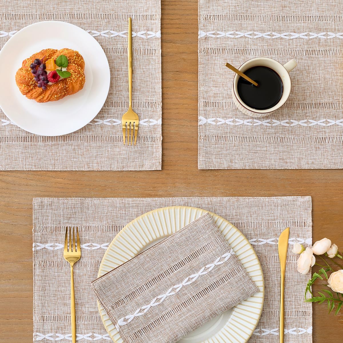 Wracra Cotton Linen Place Mats, Brown Embroidered Placemats Set of 8 | Placemats 12 x 18 Inch; Cotton Linen Woven