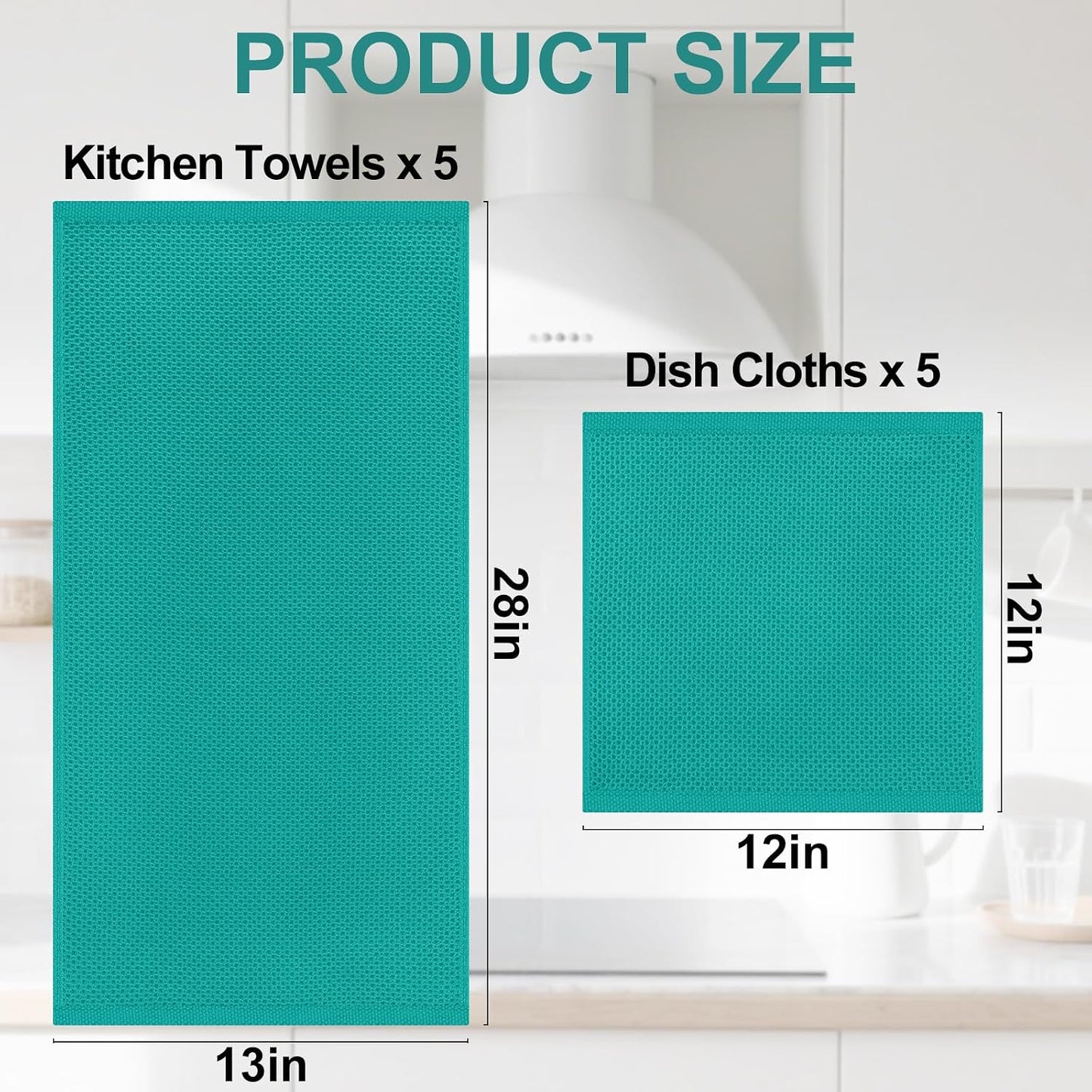 Homaxy 10 Pack 100% Cotton Kitchen Towels and Dishcloths Set, Teal | 12 x 12 Inches and 13 x 28 Inches Kitchen Towels