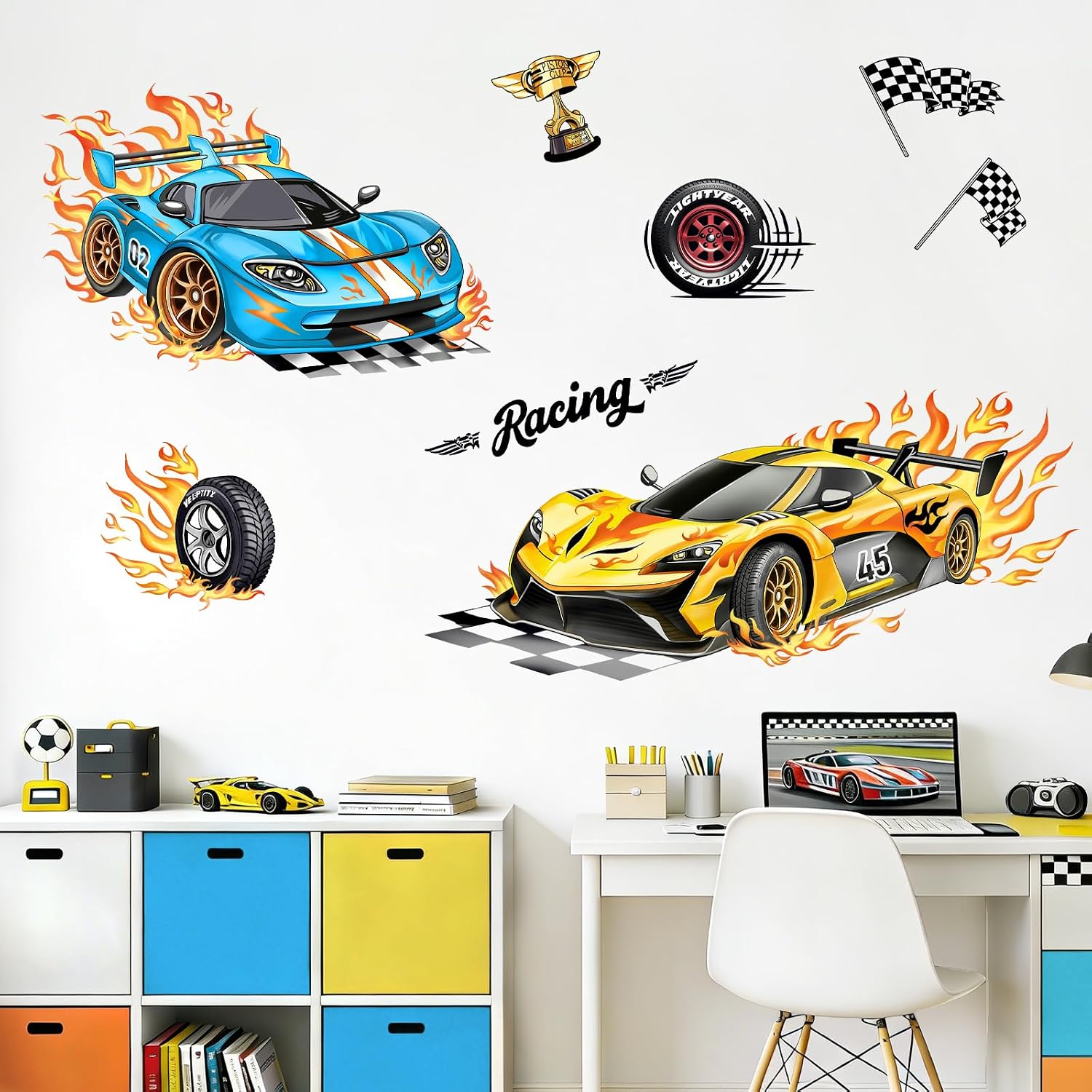 2 Large Racing Car Wall Decals Blue Car Trophies Wall Stickers Vinyl Removable Wall Art / Yellow