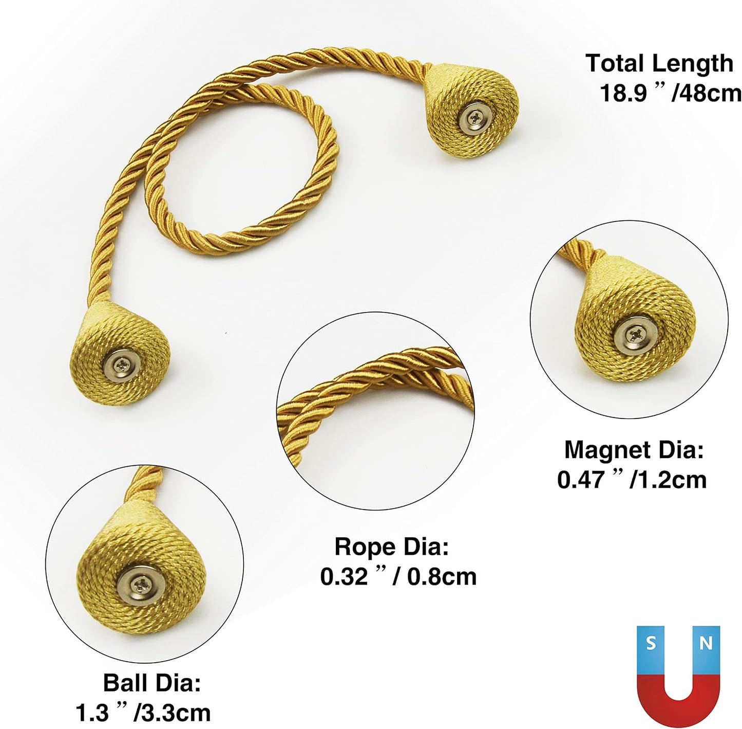 Magnetic Curtain Tiebacks Rope Decorative Holdbacks for Drapes Nieffeiy | 6 Pack Gold Modern Handmade Curtain Tie Backs