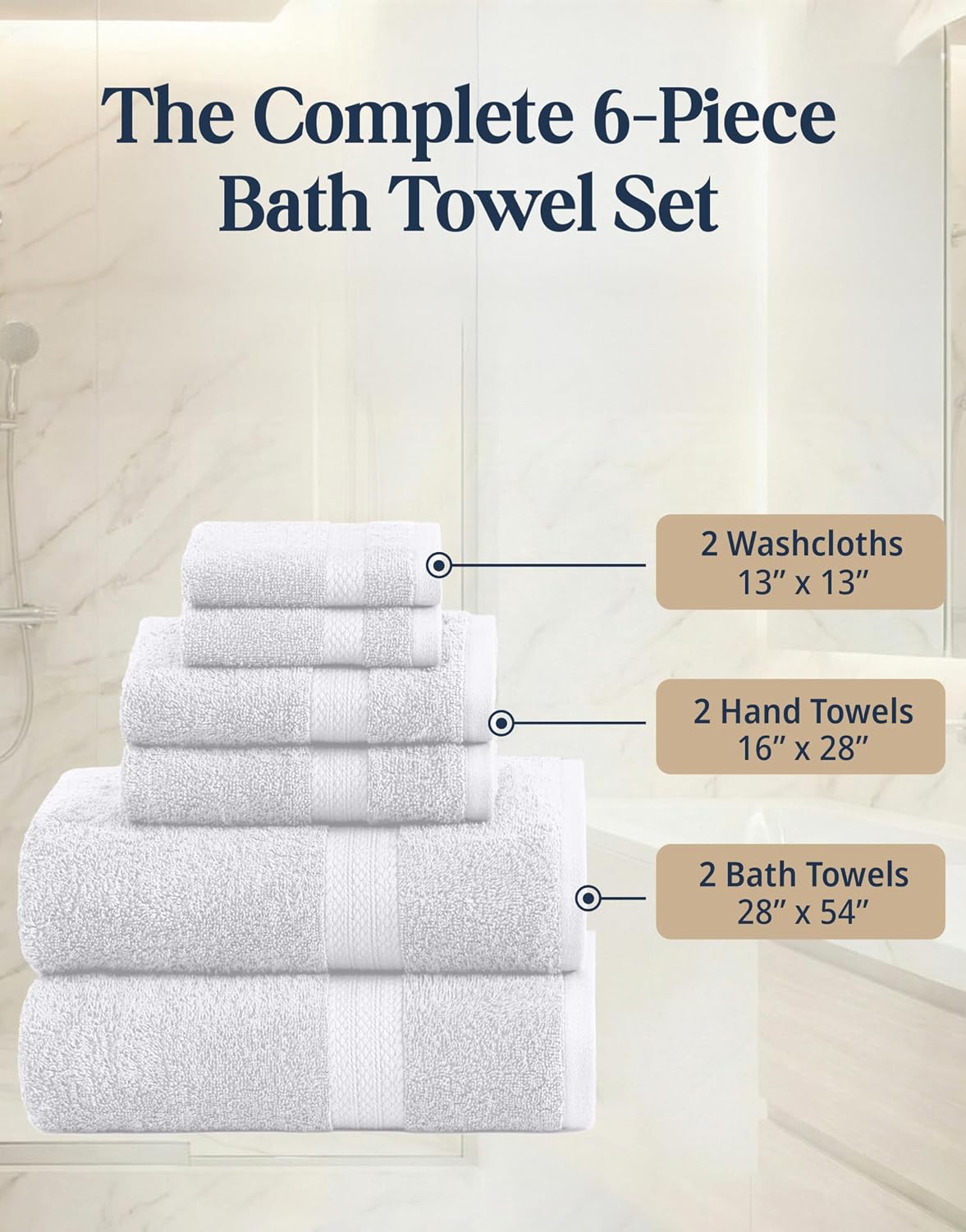 LANE LINEN Bath Towel Set 100% Cotton 6 Piece Soft Absorbent - White | Shower Towels - Generously Sized, Oversized &