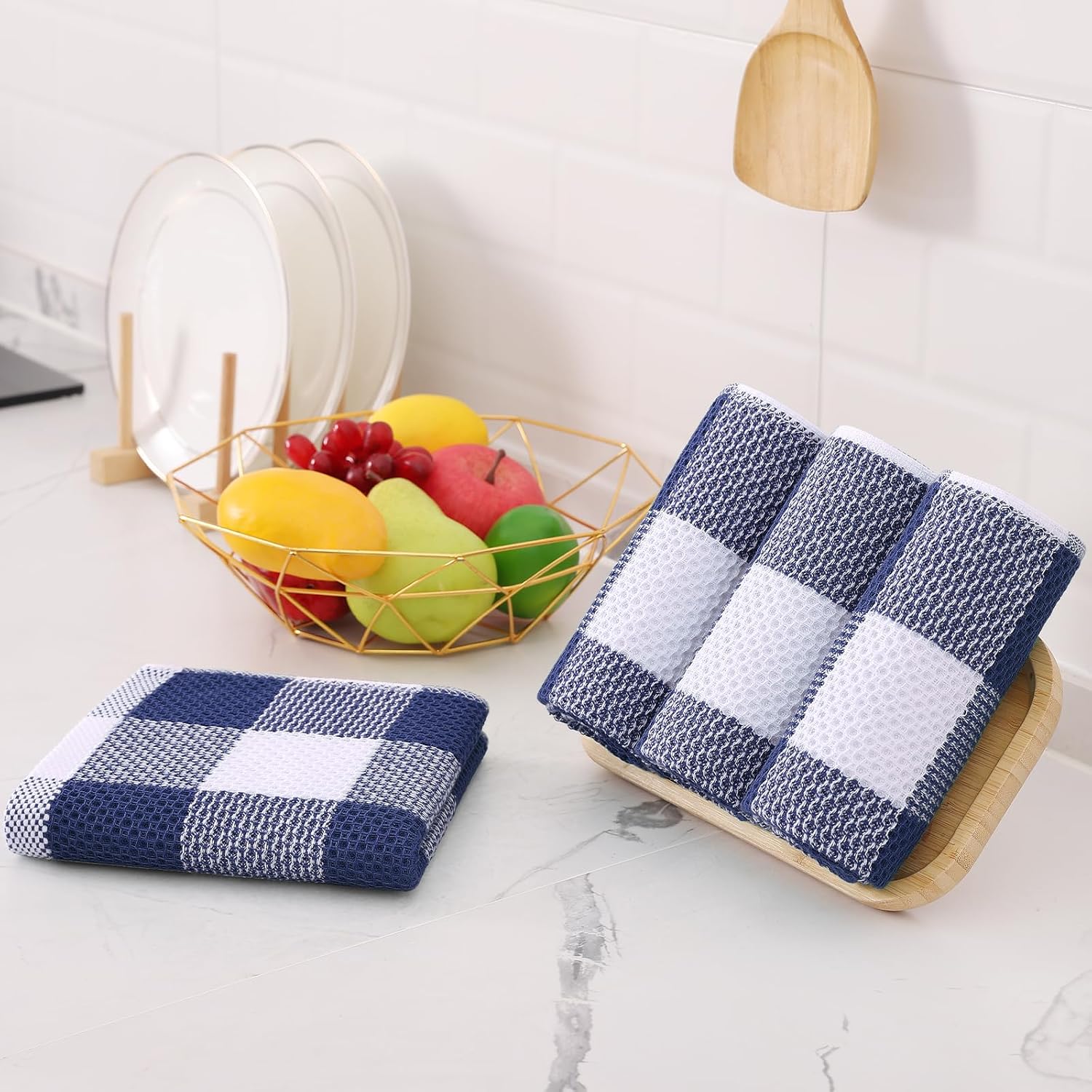 Homaxy Kitchen Towels and Dishcloths Set, Set of 12, White & Navy Blue | Bulk Cotton Waffle Weave Check Plaid Kitchen