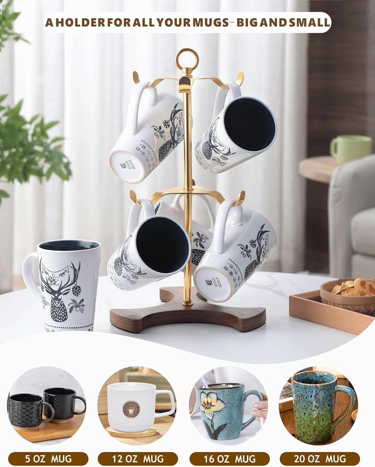 Gold Mug Holder Tree for Countertop | 2-Tier Coffee Mug Rack Holds 6 Large Mugs, 5oz to 20oz | Elegant Golden Cup Stand
