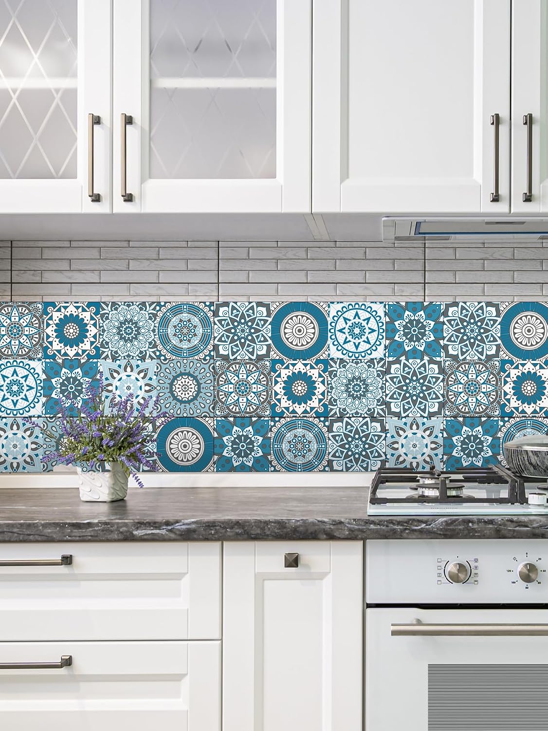 Decorative Vinyl Talavera Art Wall Tile / 6 x 6 / Cyan Mandala