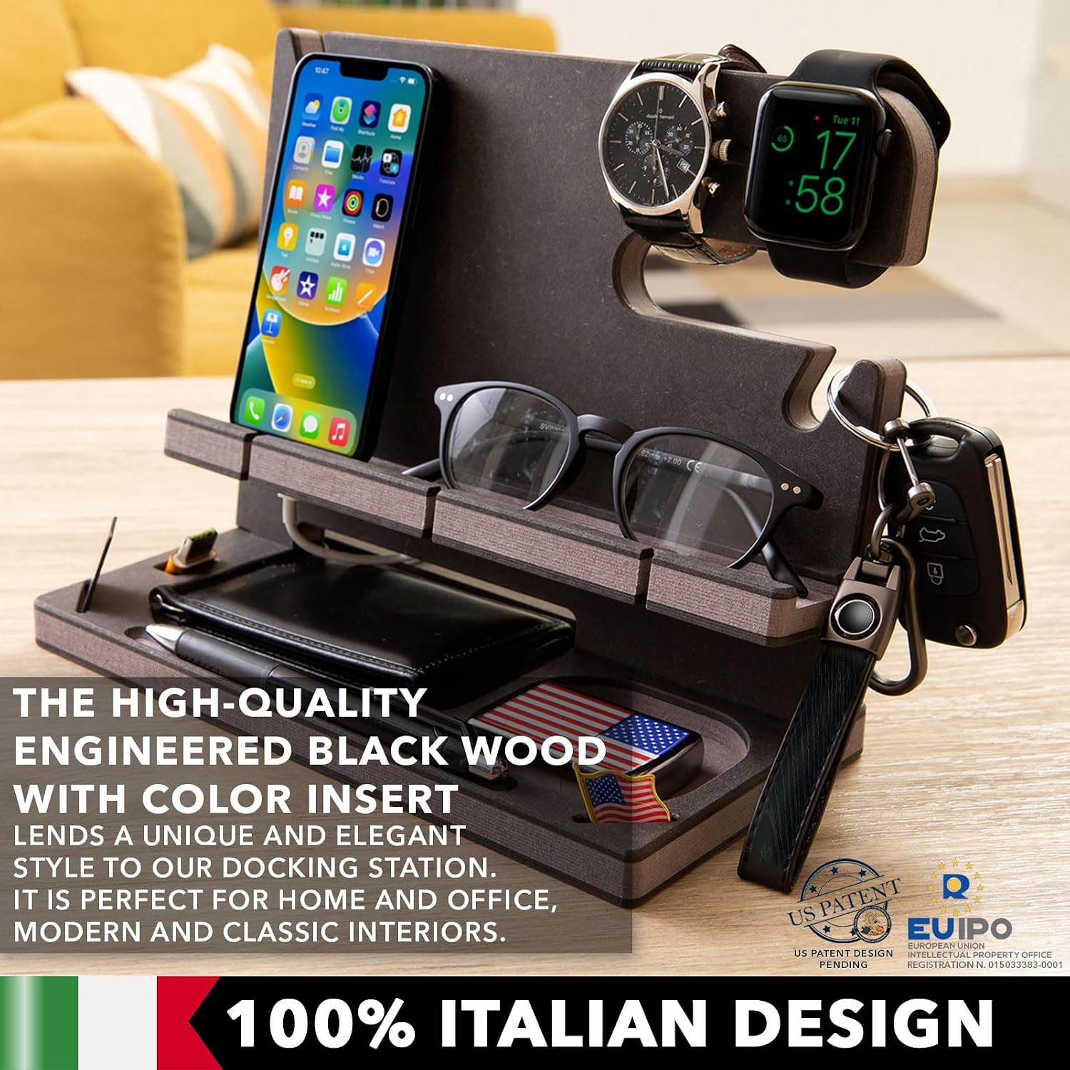 Personalized Wood Docking Station for Cell Phone, Tablet, Wallet, Gadgets, Watch, Keys, Accessories, Essentials Desk