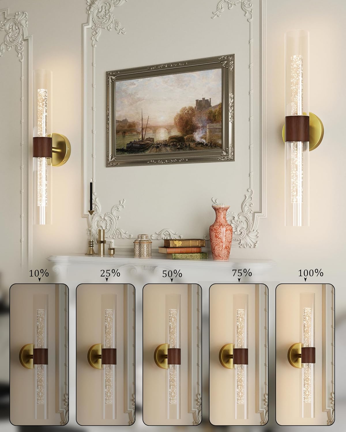 Gold Walnut Wall Sconces Battery Operated with Remote, 21.5 Inch 3CCT | Rechargeable Wall Sconce with Timer, Dimmable