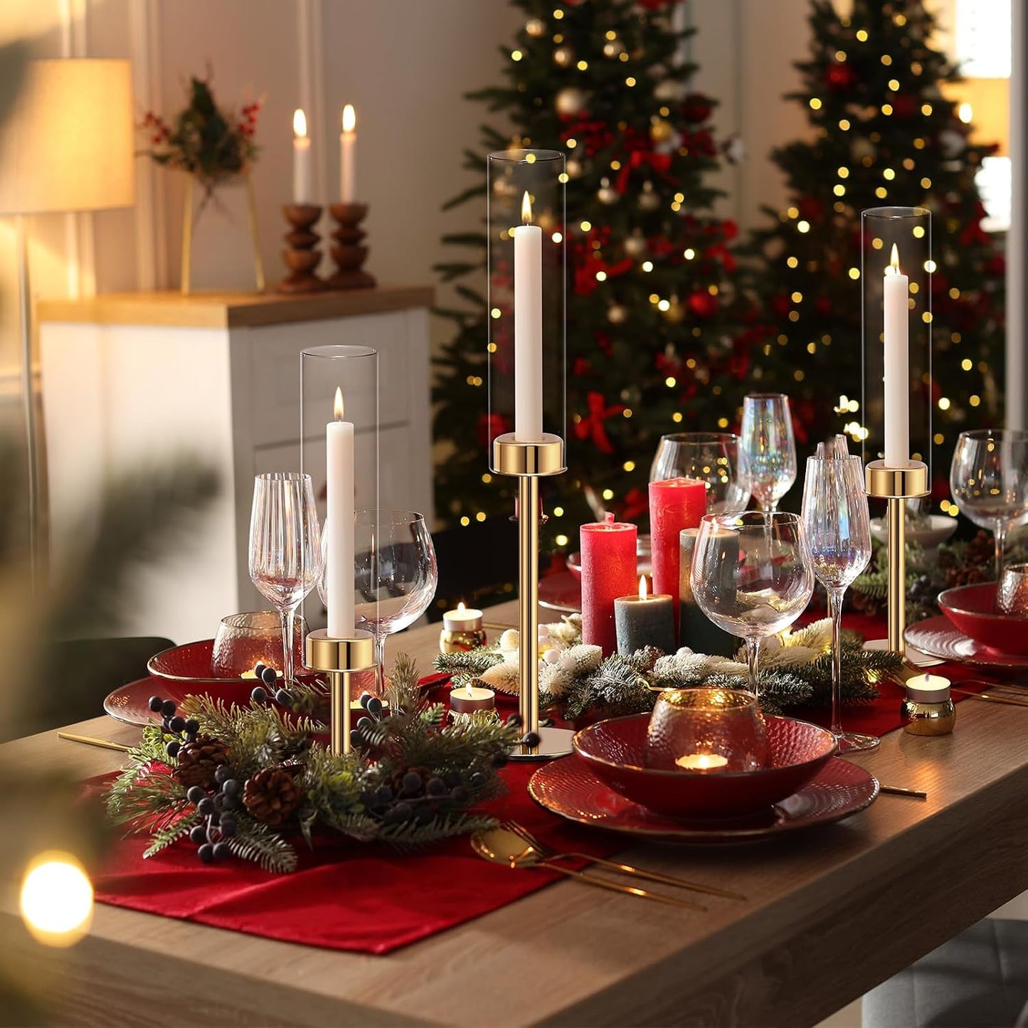 Gold Hurricane Glass Candle Holders Set of 6 Brass Taper Candlestick Holder | Windproof Flameless Candle Holder, Tall