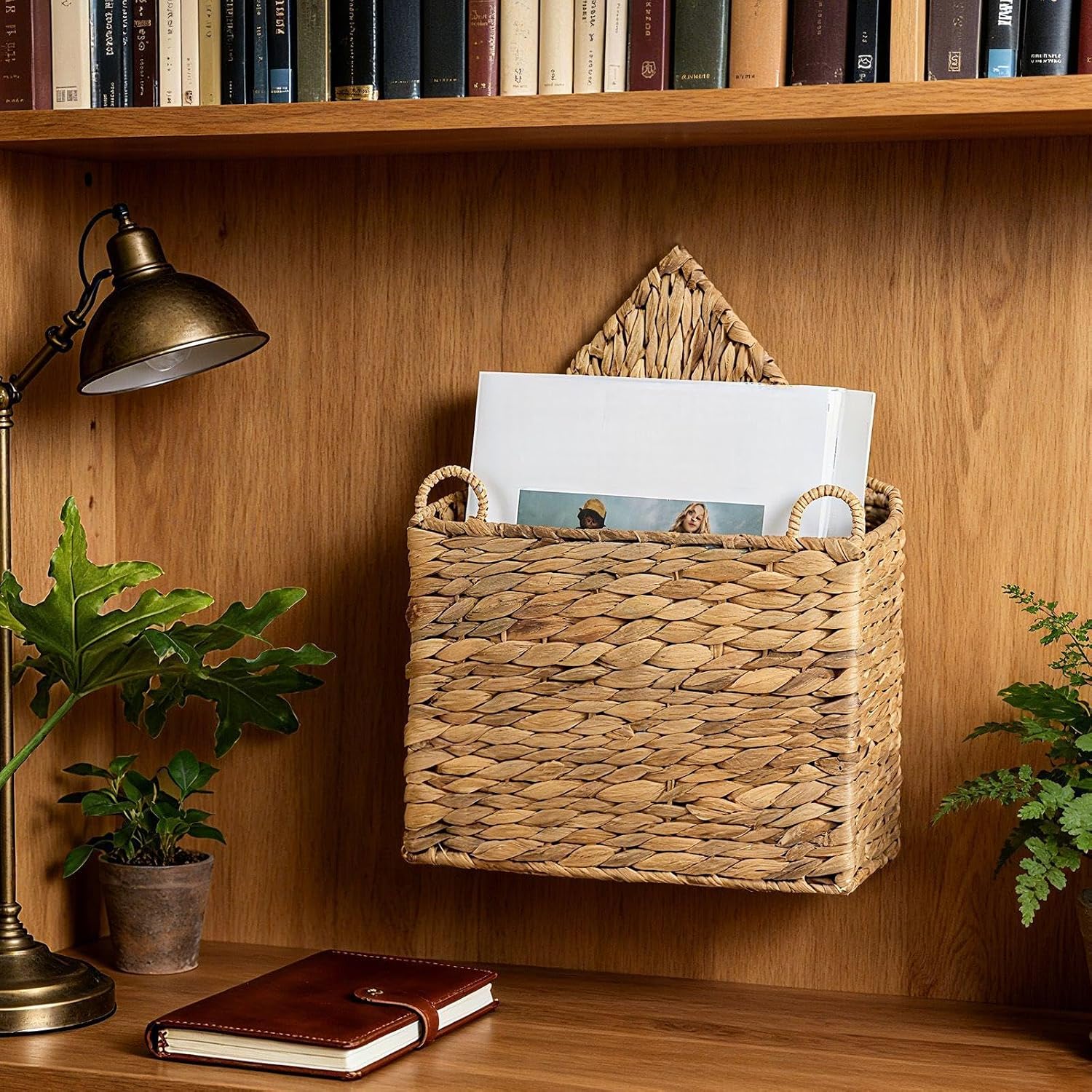 Wicker Magazine Holder Wall Basket Hanging Wall Mount Mail Rack Holder Storage Water Hyacinth House