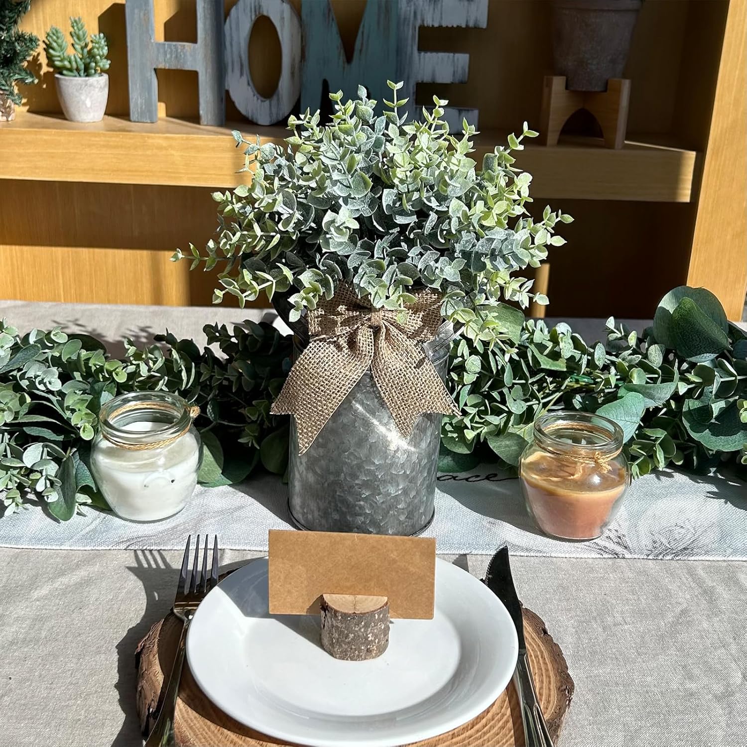 Farmhouse Faux Eucalyptus Arrangement Centerpiece Rustic Galvanized Metal Milk Can Vase Artificial