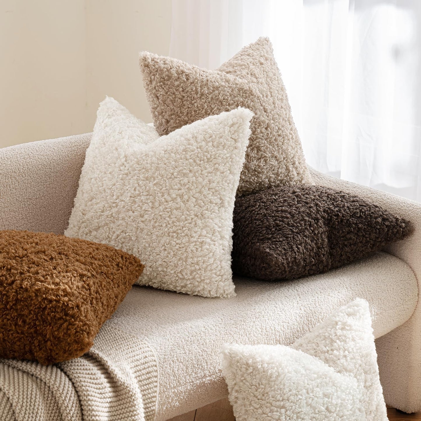 Faux Fur Throw Pillow Covers Boucle Decorative Sherpa / 20 x 20 / Neutral Light Beige / Set of 2