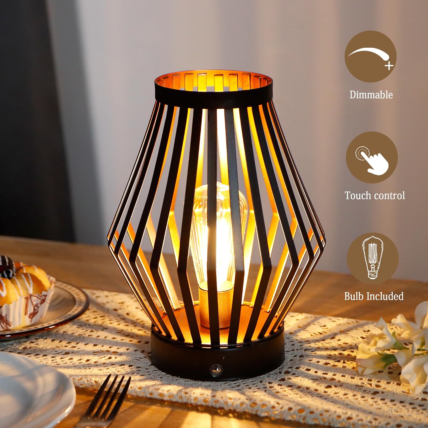 JHY DESIGN Dimmable Touch Bedside Table Lamp 8.5''H Rechargeable Metal Cage Lantern with LED Edison Style Bulb Cordless