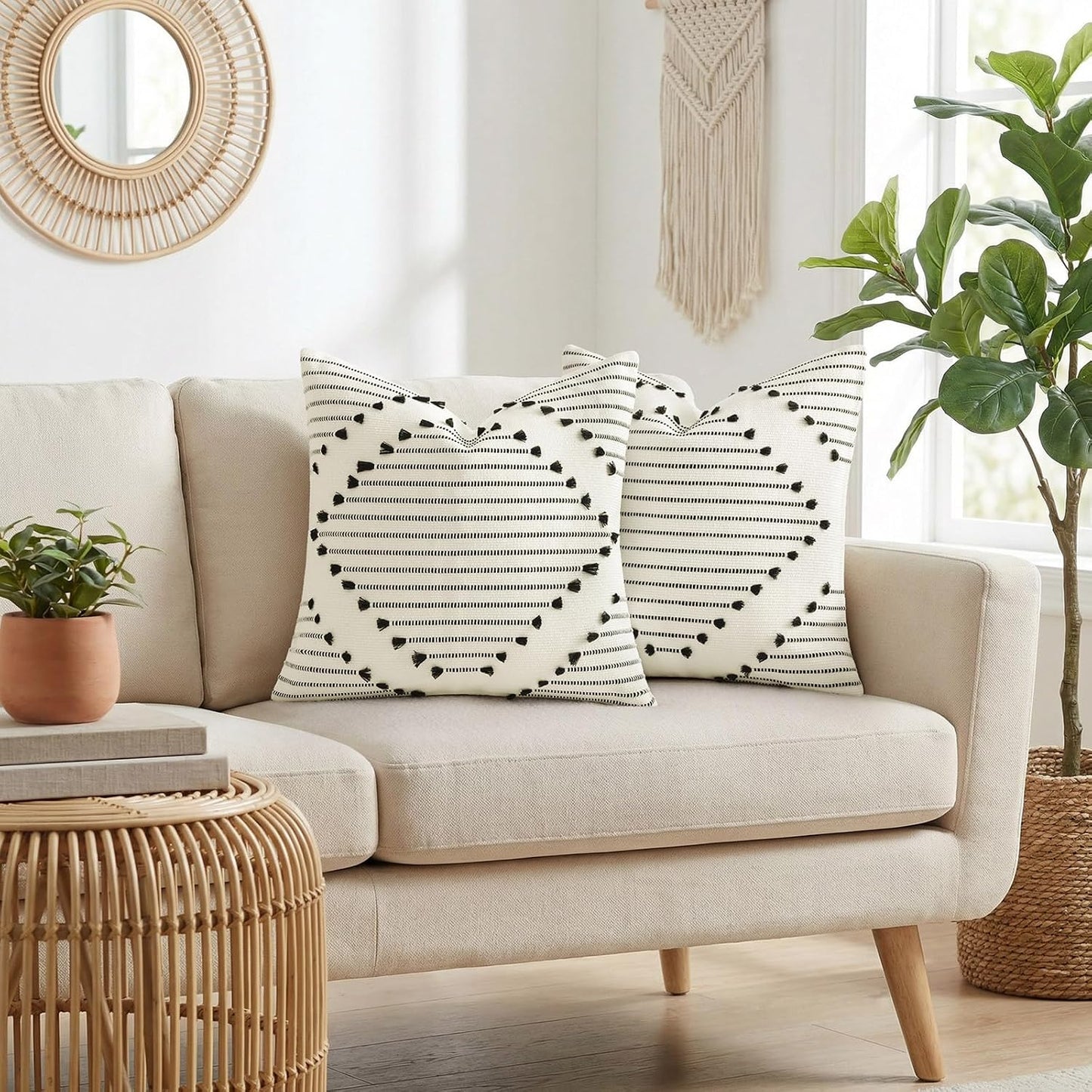 Farmhouse Decorative Pillow Covers / Beige Black / 18 x 18 / Set of 2