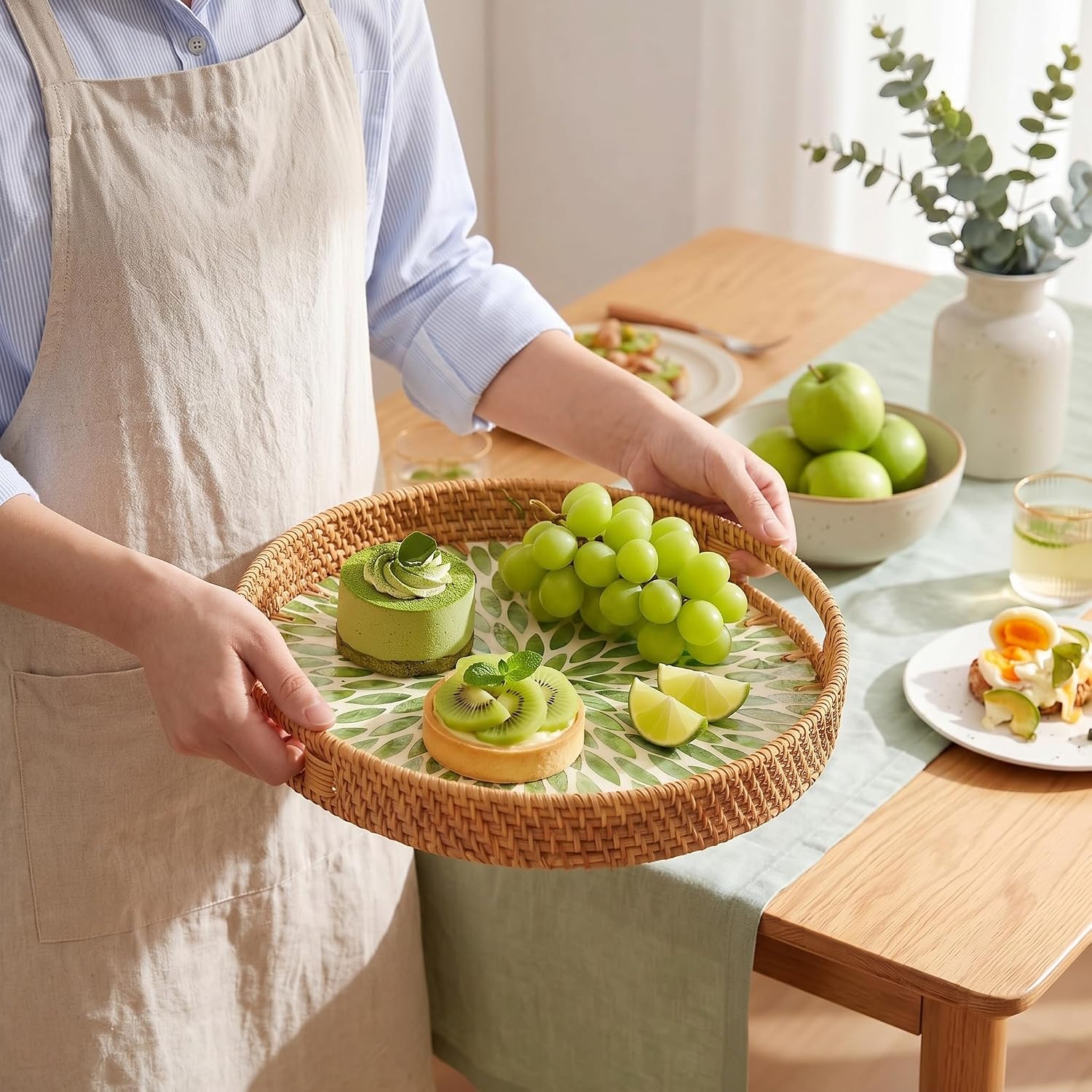 1 PC Round Rattan Tray / 11.8 / Green Leaf / 11.8 Inch