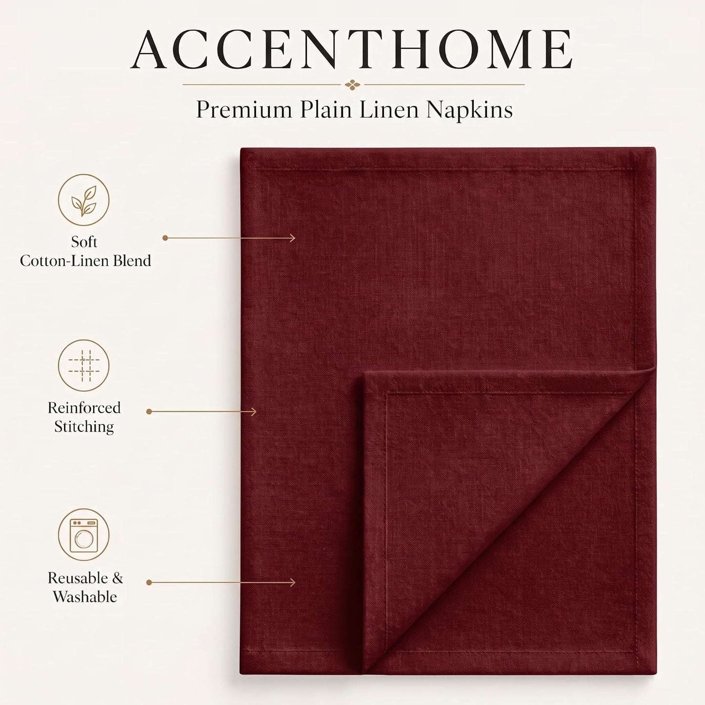 ACCENTHOME Burgundy Cotton Linen Napkin Set of 12 18x18 inch Dinner | Cotton Linen Blend Napkins, Machine Wash On