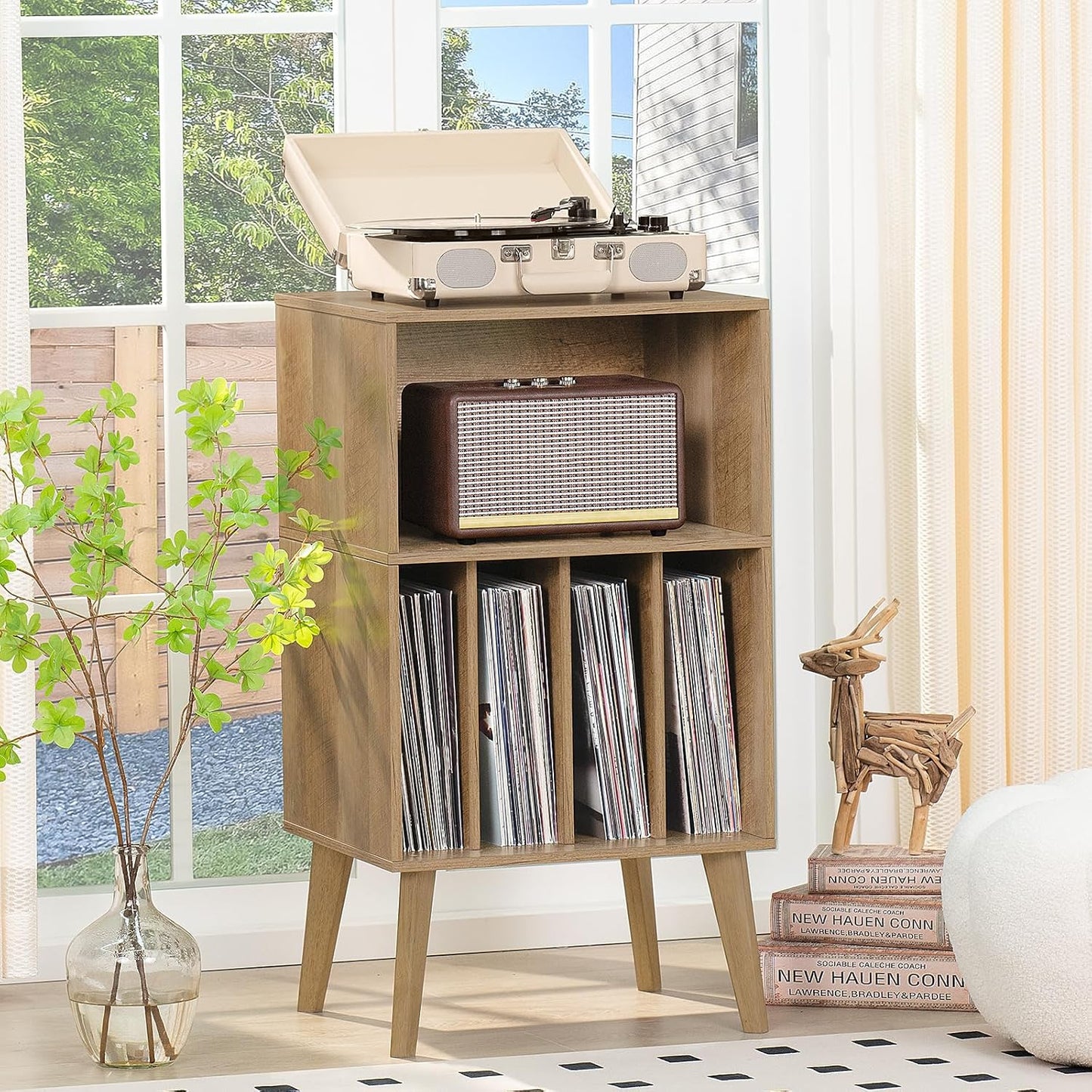 Lerliuo Record Player Stand, Oak Turntable Stand Holds up to 160 Albums | Mid-Century Vinyl Storage Cabinet Table,Solid
