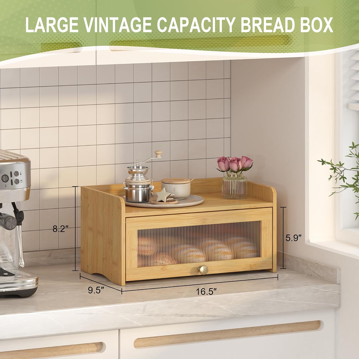 JANSNIMEN Vintage Bread Box for Kitchen Countertop, Bread Container Storage, Wooden Farmhouse Bread Box with Window