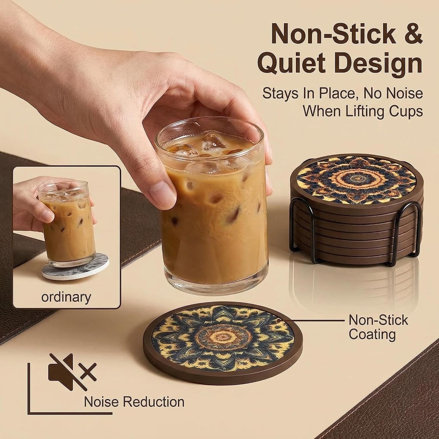 Holder / 4.3 Inch Coasters with 4.5 Inch Holder / Dual-sided Mandala-themed Patterns / 4.3 Inch