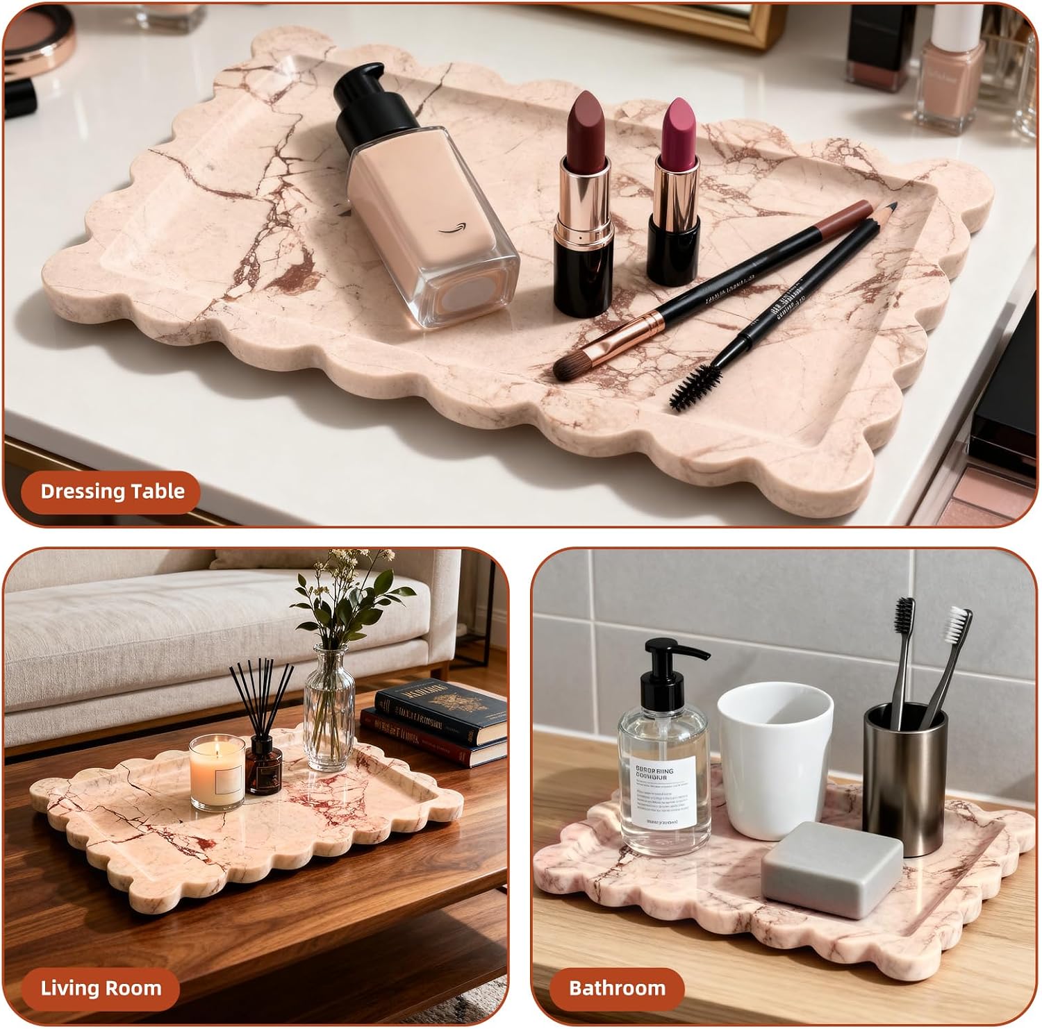 Natural Marble Vanity Tray / Scalloped Pink