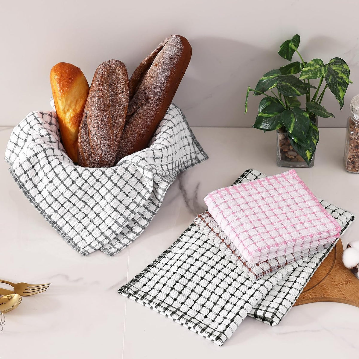 Homaxy Kitchen Towels and Dishcloths Set, Set of 16, Black/Grey/Pink/Brown | Cotton Terry Kitchen Dish Towels, Super