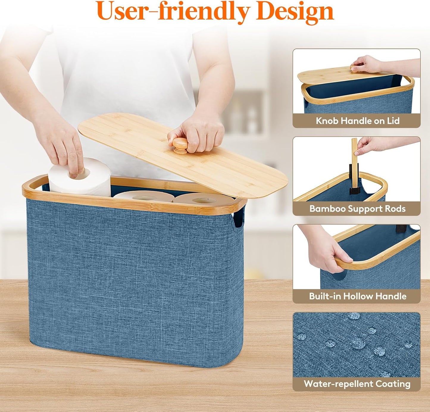 Lifewit Toilet Paper Storage Holder, Large Stand Basket, 23L, Dark Blue | 9 to 12 Rolls, Large Paper Stand with Bamboo