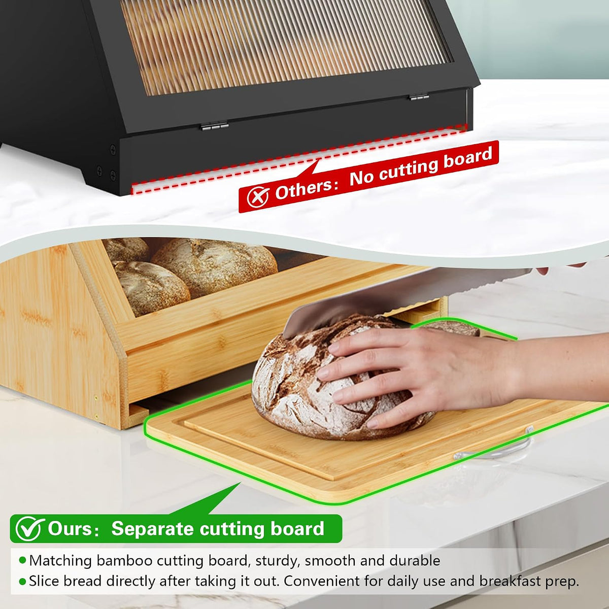 HOLTICO Roll Top Bamboo Bread Box with Cutting Board for Kitchen, Wood | 2-Tier Large Wood Bread Bin for Kitchen