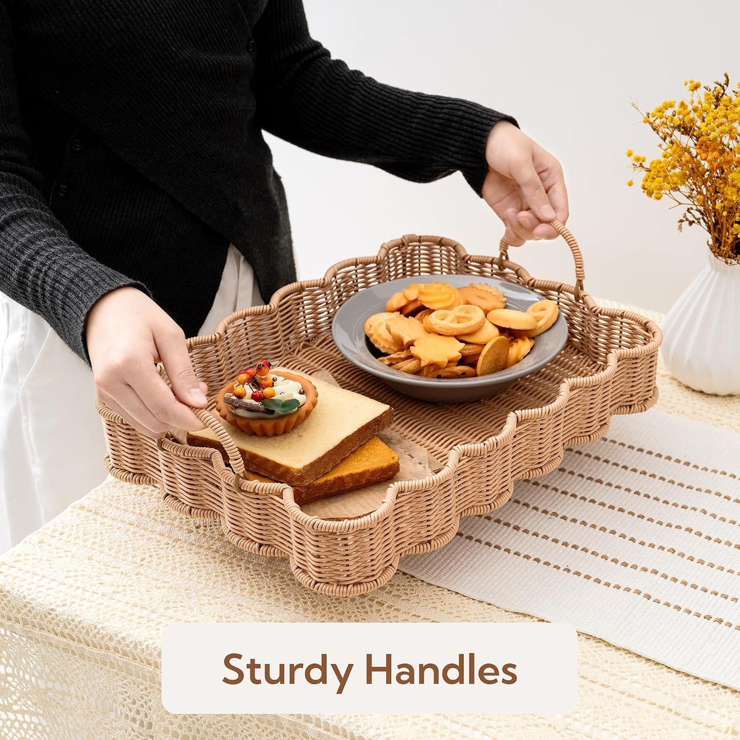Scalloped Edge Rectangle Wicker Serving Tray / Nude Color