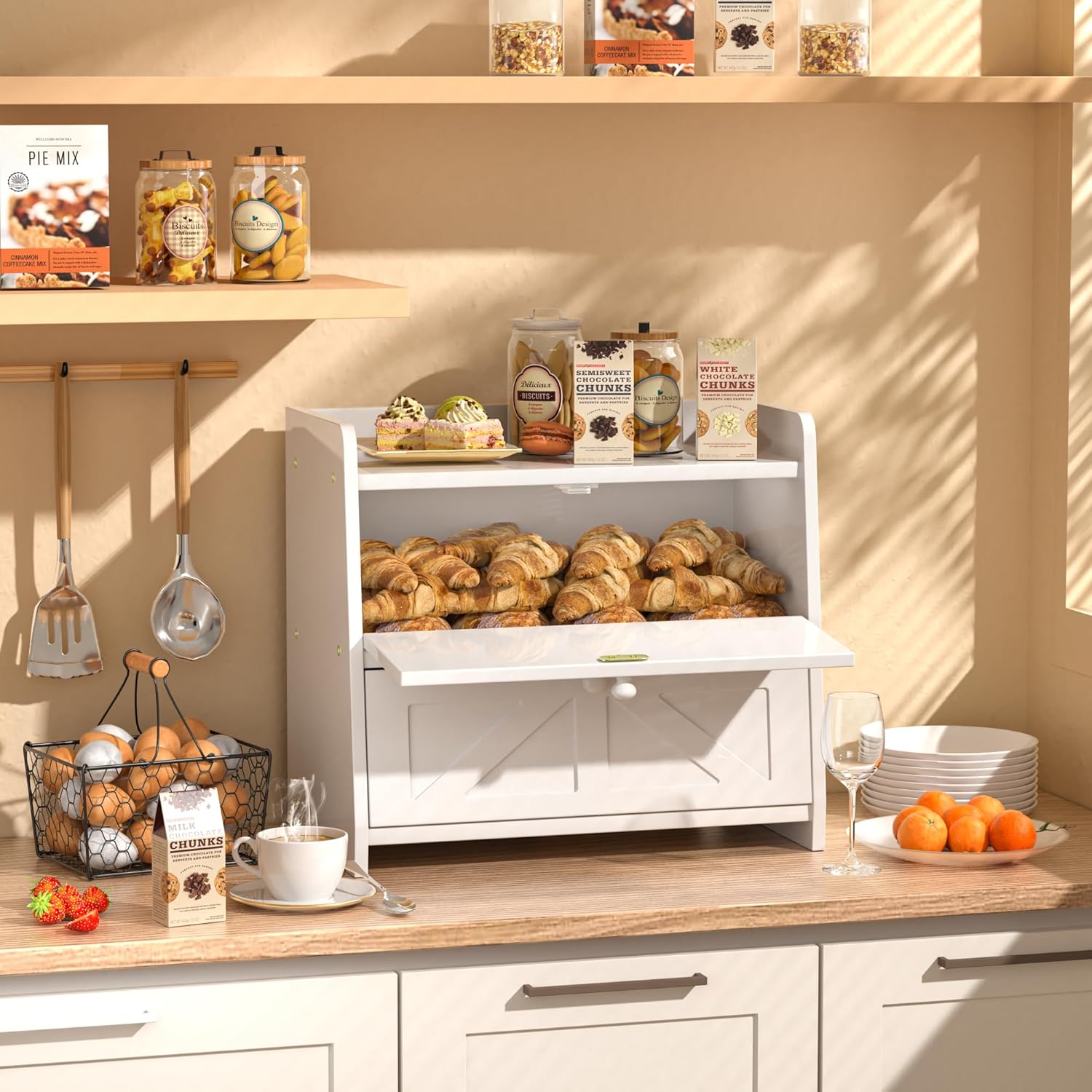 Bread Box for Kitchen Countertop, Double Layer Wooden Breadbox, Large Capacity Bread Storage Bin, Homemade Bread