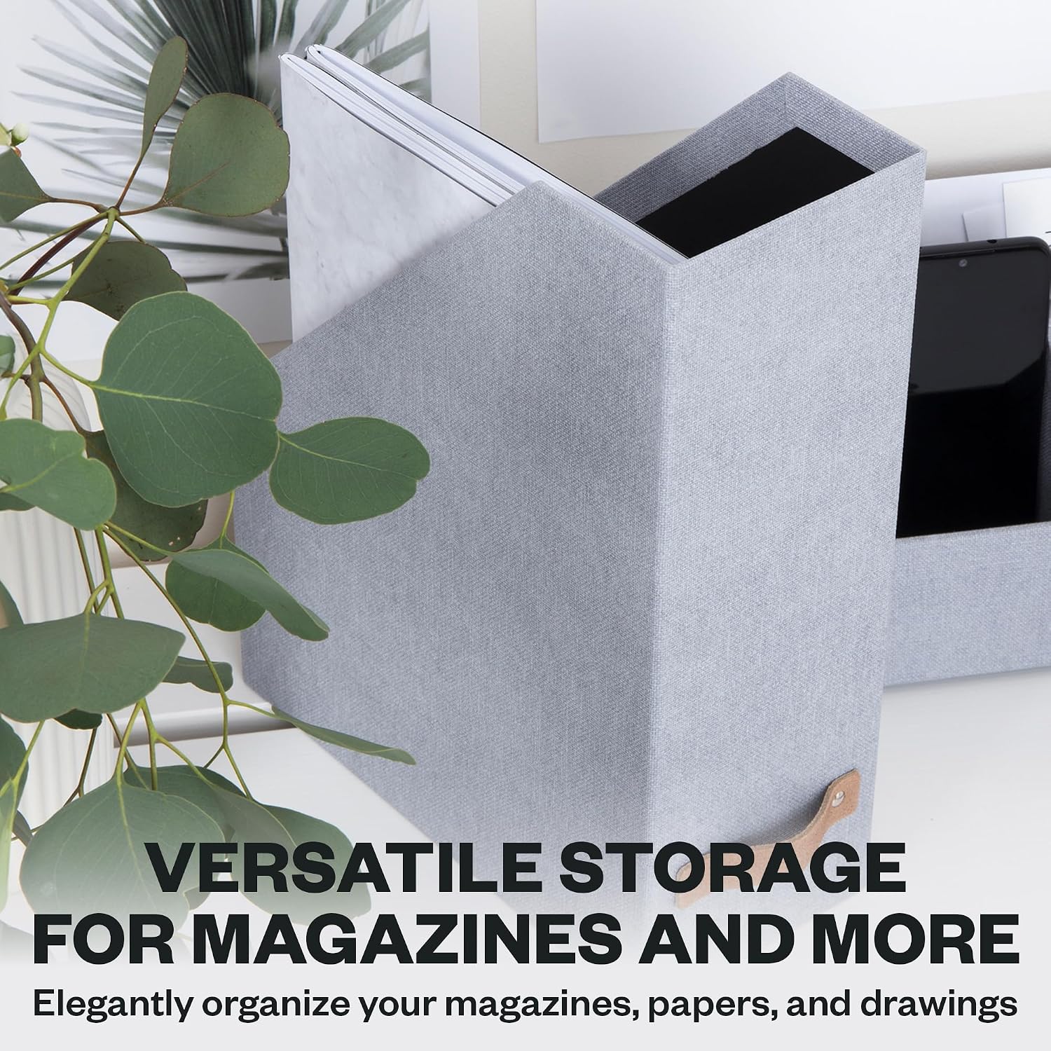 Bigso Estelle Magazine File - Magazine Holder and Organizer for Papers and Catalogs with Leather Handle - Magazine File