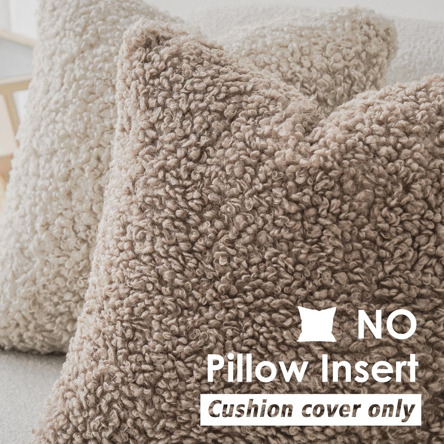 Teddy Faux Fur Throw Pillow Cover Decorative Sherpa Pillow Fuzzy / 18 x 18 / Khaki / Set of 2