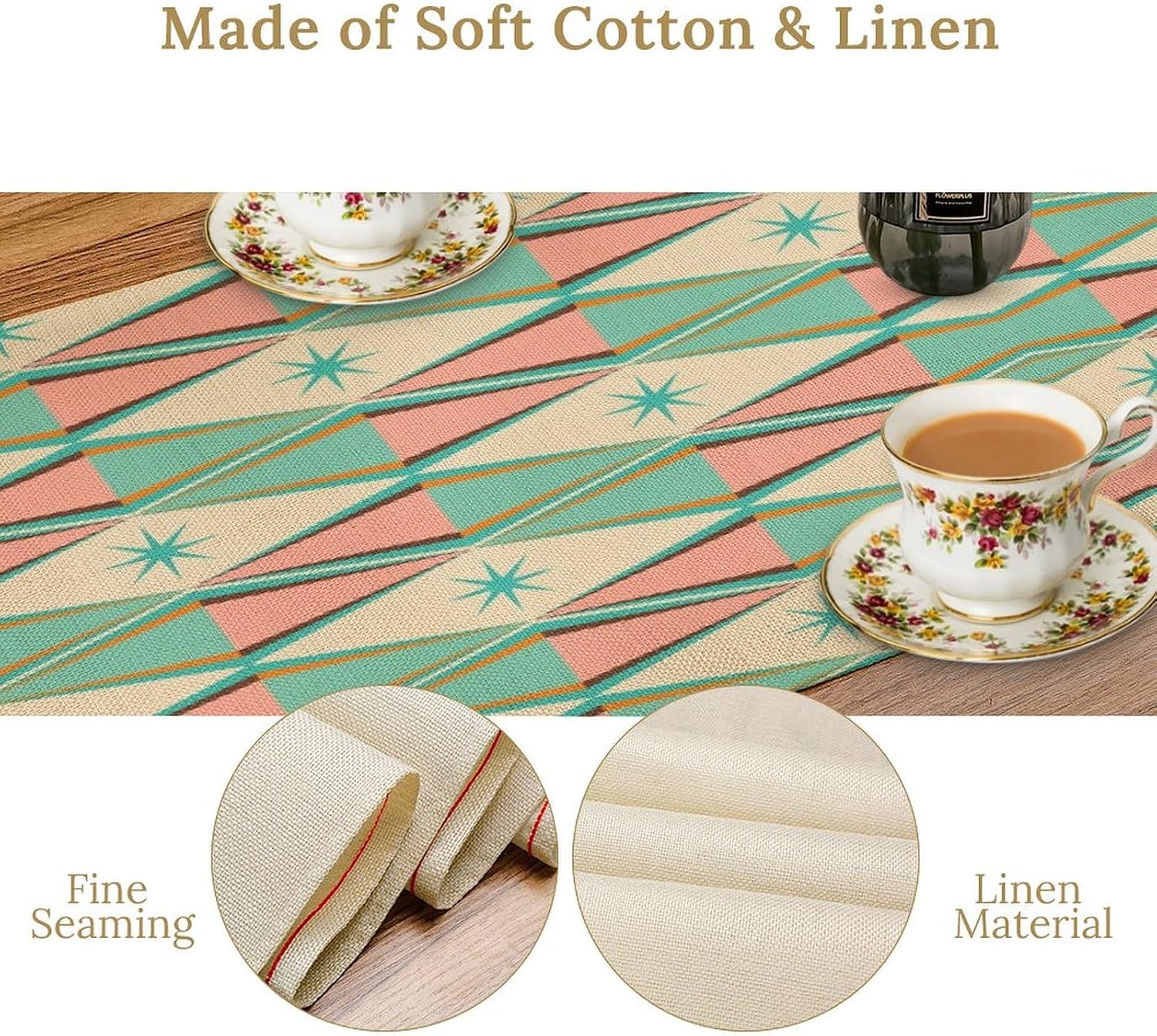 Mid Century Kitchen Table Runner,Abstract Aesthetic Geometric Mid Century Retro Modern Patterns Printed Linen Table