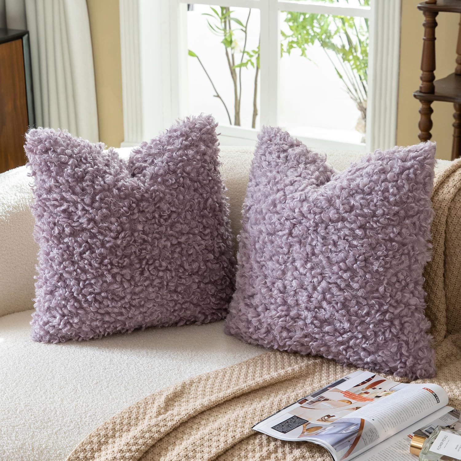 Faux Fur Throw Pillow Covers Boucle Decorative Sherpa Pillow / Light Purple / 18 x 18 / Set of 2