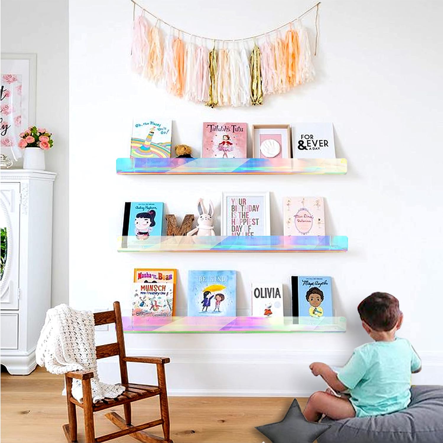 2 Pack RORKIM 36 Inch Iridescent Acrylic Floating Shelf, Kids Bookshelf | Wall Mounted Display Toy Organizer for Kids