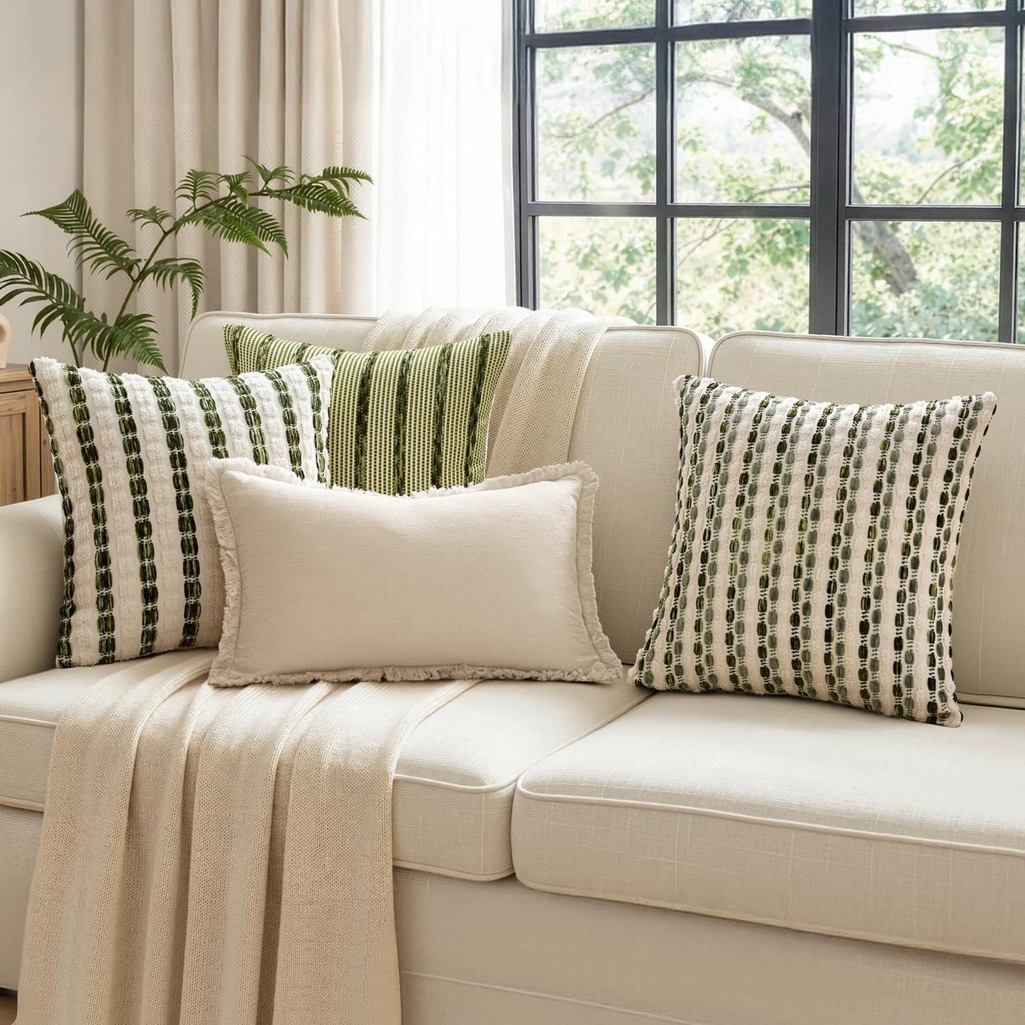 Boho Woven Chenille Pillow Covers Soft Textured Decorative / Olive Stripe / 18 x 18 / Set of 2