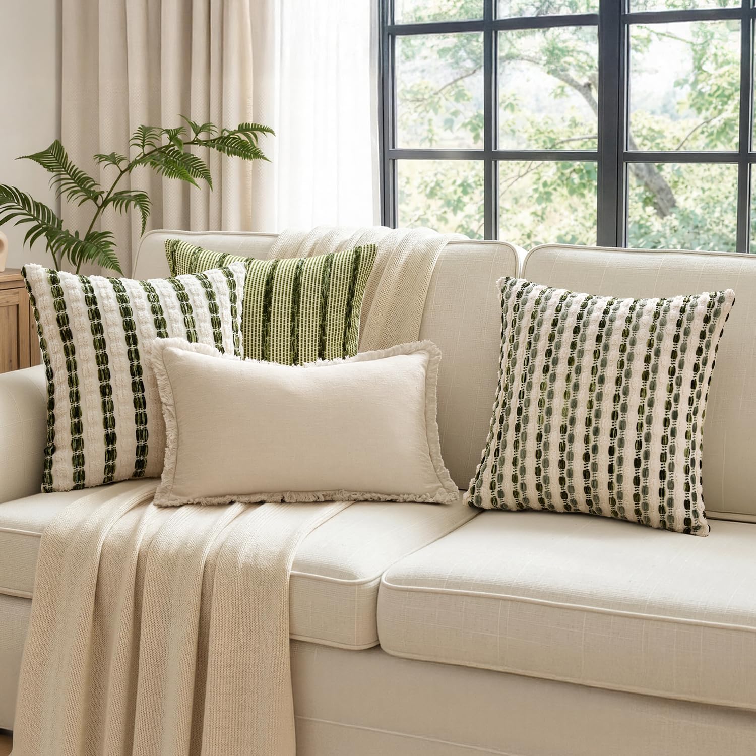 Boho Woven Chenille Pillow Covers Soft Textured Decorative / Olive Stripe / 18 x 18 / Set of 2