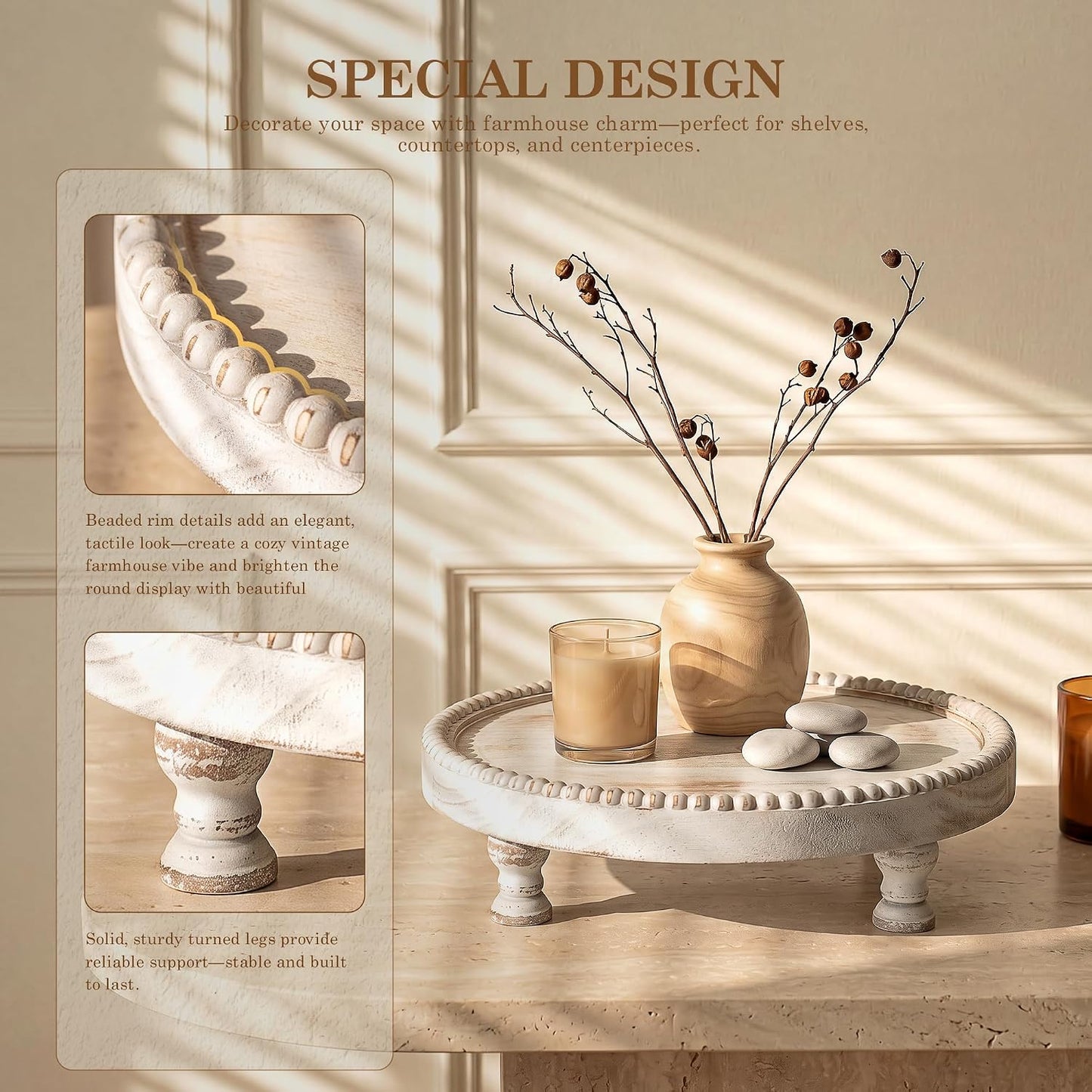 Plant & Decor / Beaded Pedestal Tray Stand for Cake / Whitewash