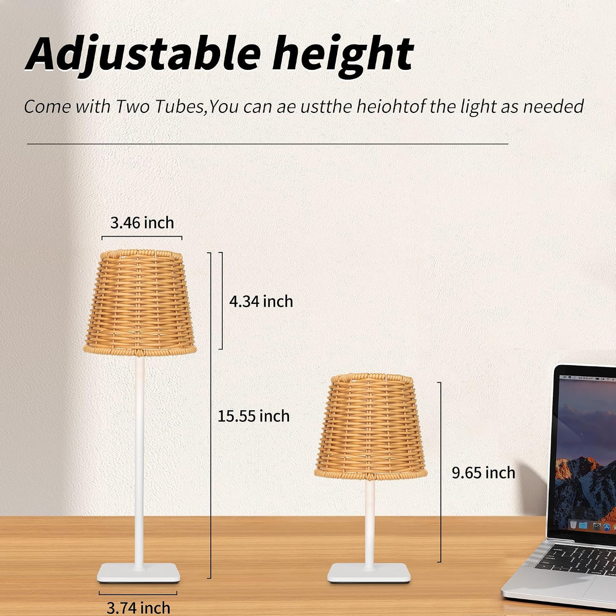 Mr.White Set of 2 Waterproof Outdoor Rechargeable Cordless Table Lamp with Wicker Shade, for Patio Restaurant Kitchen