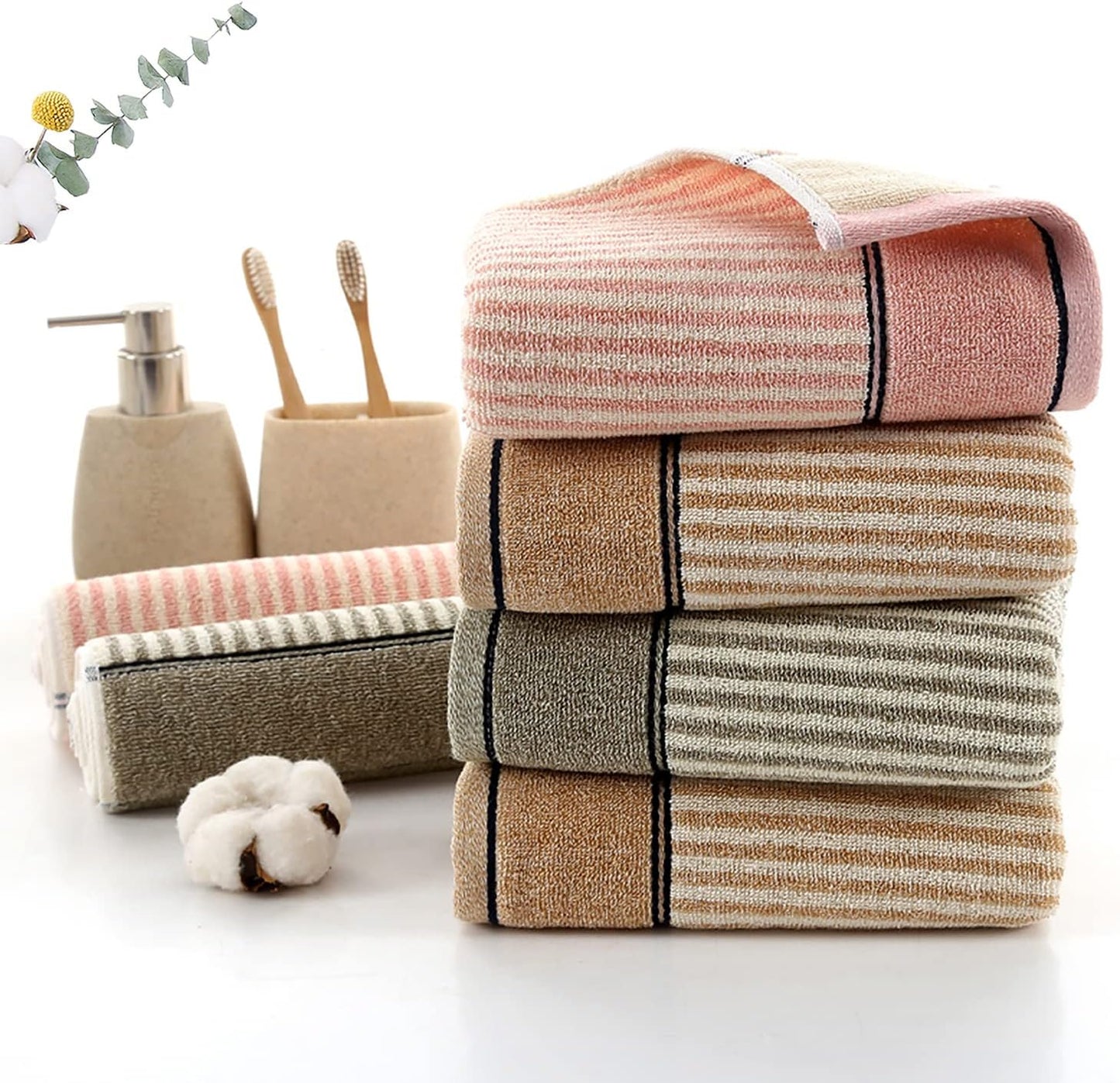 Hand Towels Set of 4 100% Cotton Striped Pattern Absorbent Soft Decorative Towel for Bathroom (Pink)