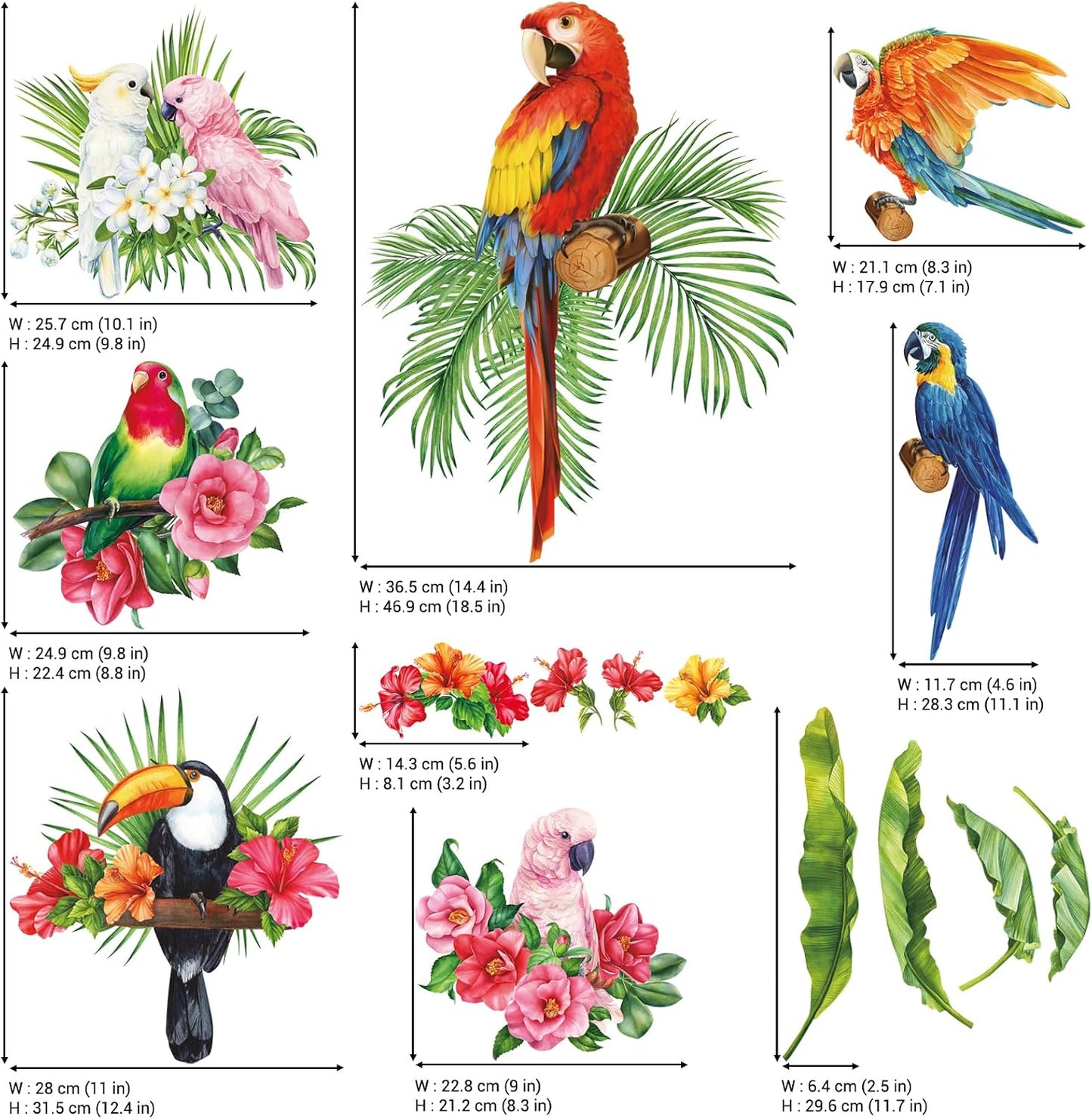 SG2-108 Tropical Plants Parrot Wall Decals Leaf Birds Watercolor Stickers for Kids / Green