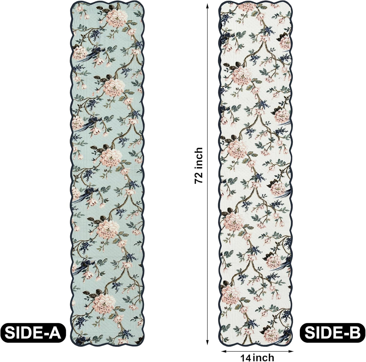 Antique Rose Vines- Bloom Collection Luxury Handcrafted Runner (Reversible) Cotton Quilted Fabric Machine Washable –