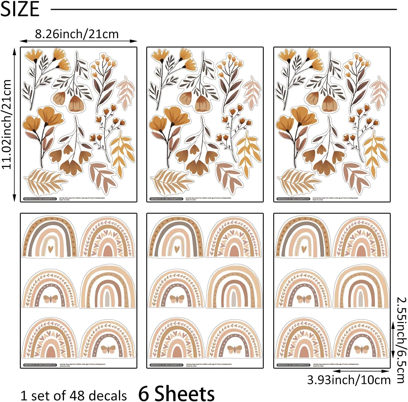 Wall Decals for Nursery & Kids Room / Boho Rainbow Floral / 6 Sheets / Set of 48