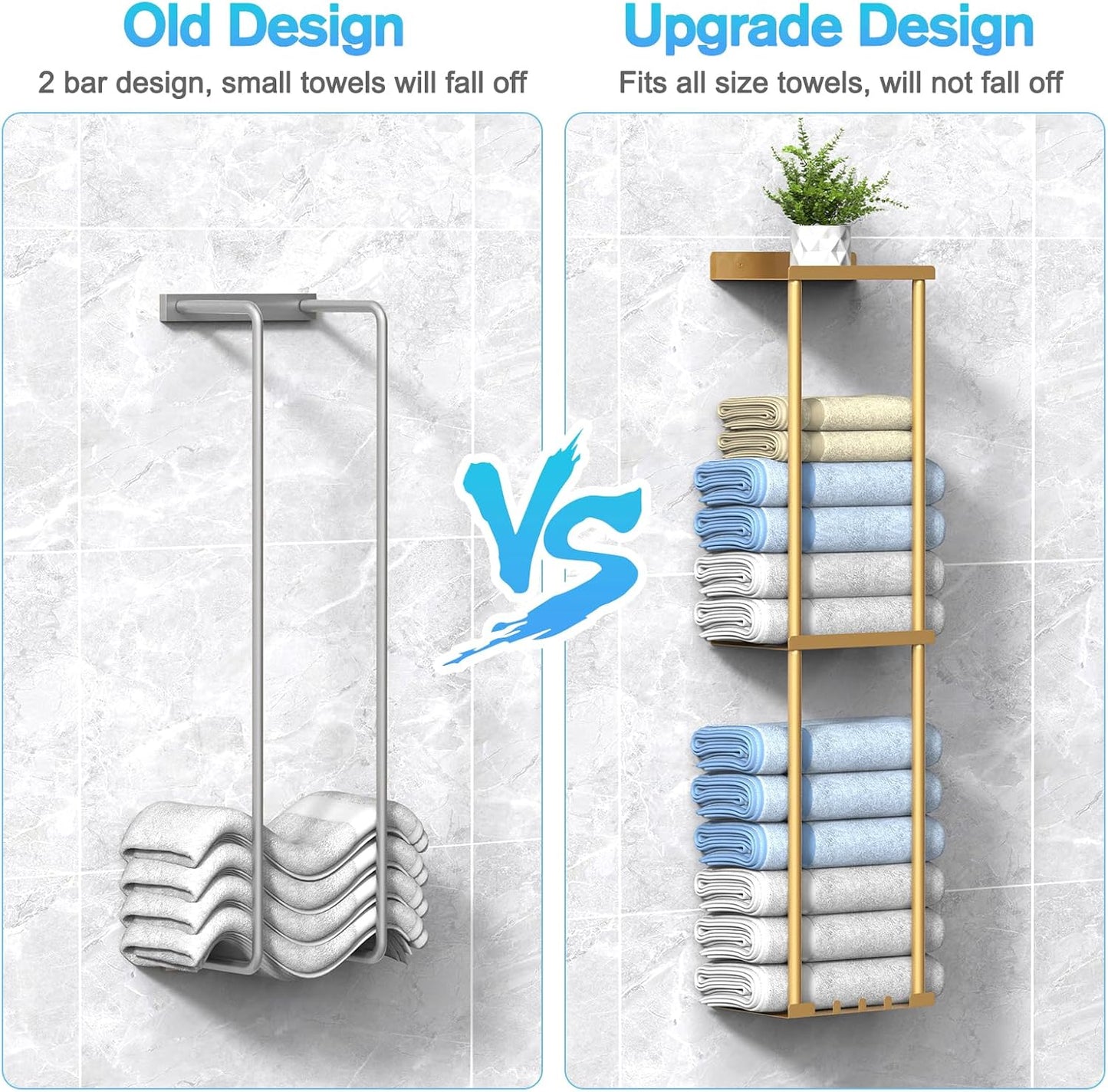 Liuoud Towel Rack for Bathroom, Wall Mounted Vertical Rolled Towel Storage Organizer Holder with Shelf, Holds Up 6