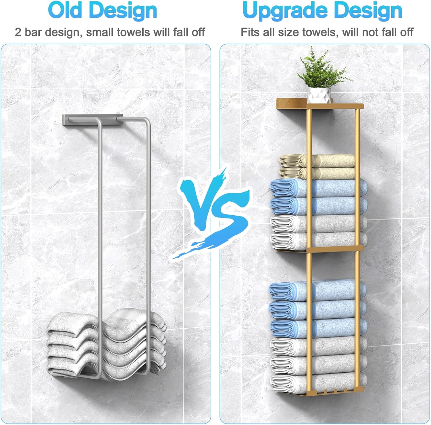 Liuoud Towel Rack for Bathroom, Wall Mounted Vertical Rolled Towel Storage Organizer Holder with Shelf, Holds Up 6