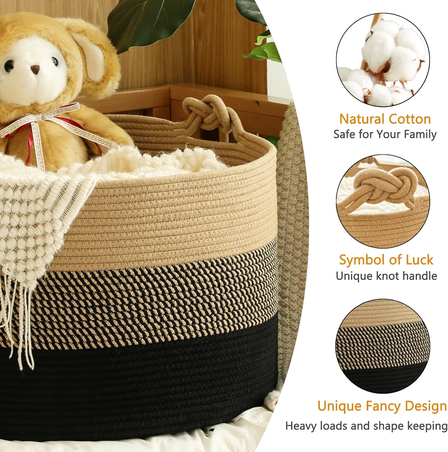 Woven Rope Baskets for storage Baby Laundry Hamper / Black / 20 x 13